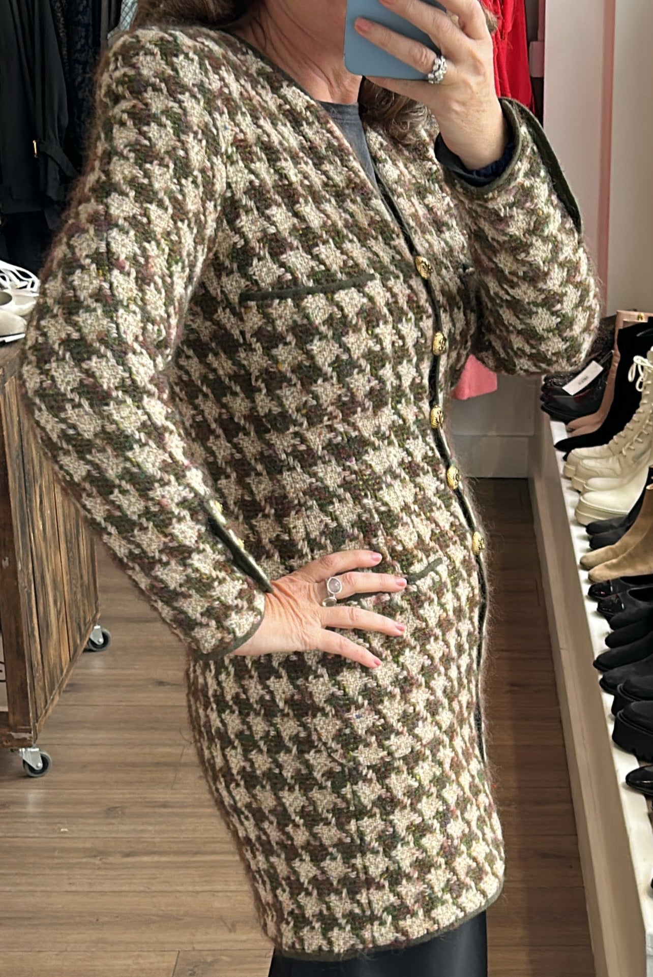 Chanel Vintage Green & Oatmeal Tweed Check Coat/Dress XS/S