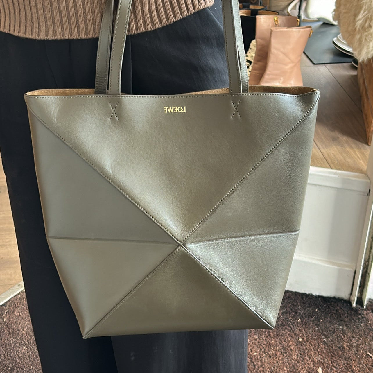 Loewe New £1550 Dark Khaki Puzzle Fold Tote Bag