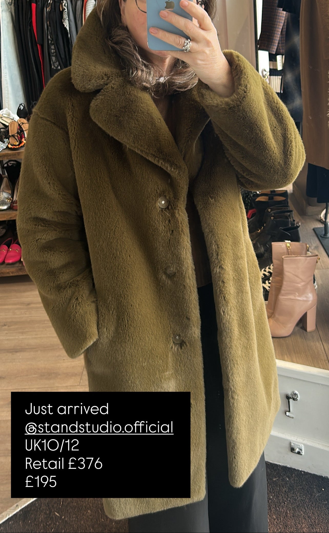 Stand Studio £376 Olive Faux Fur Midi Coat S/M