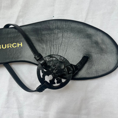 Tory Burch Black Leather Thong Flat Sandals 39