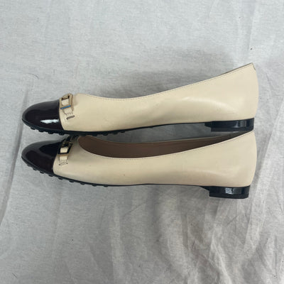Tods Ivory & Aubergine Toe Cap Leather Ballet Pumps 38.5
