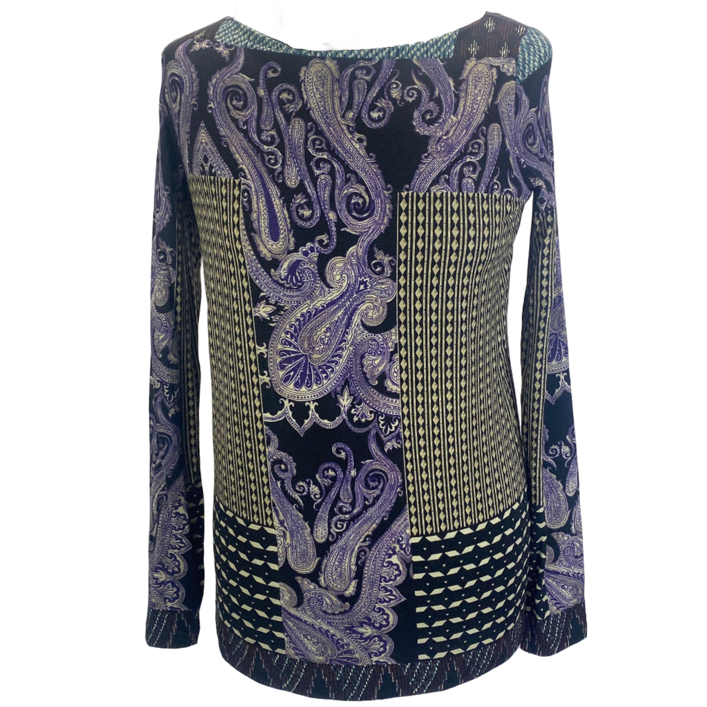 Etro Purple & Black Paisley Panel Print Wool Top XS
