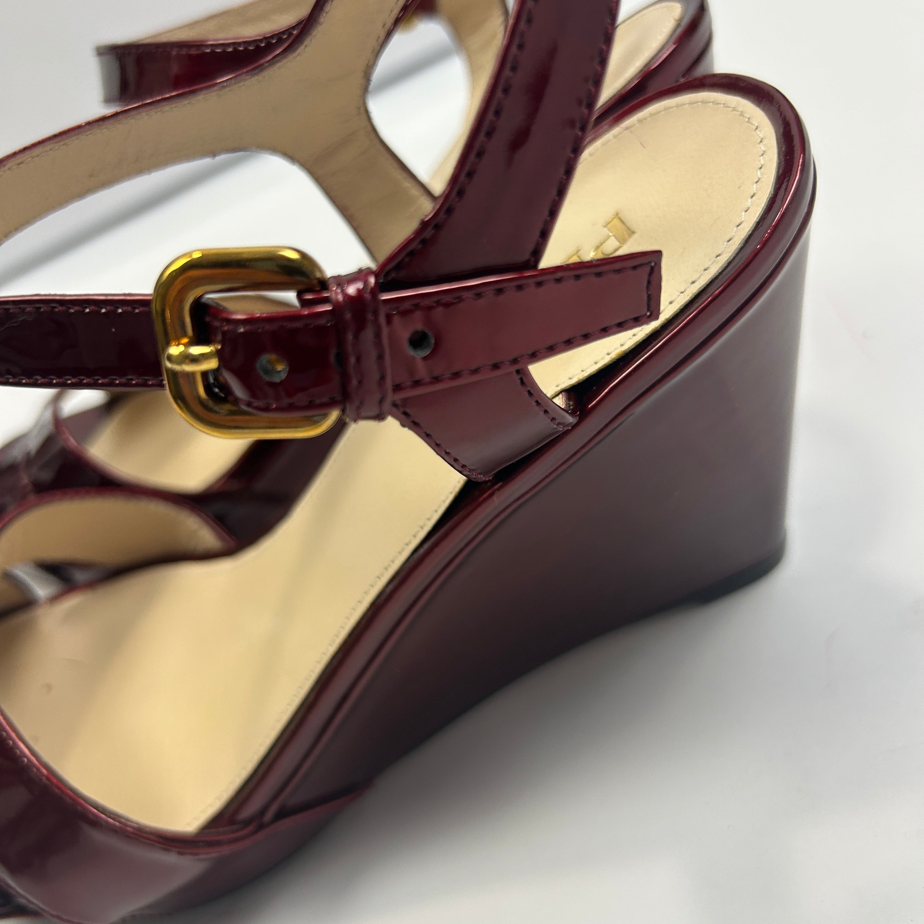 Prada New Bordeaux Patent Wedge Sandals 38