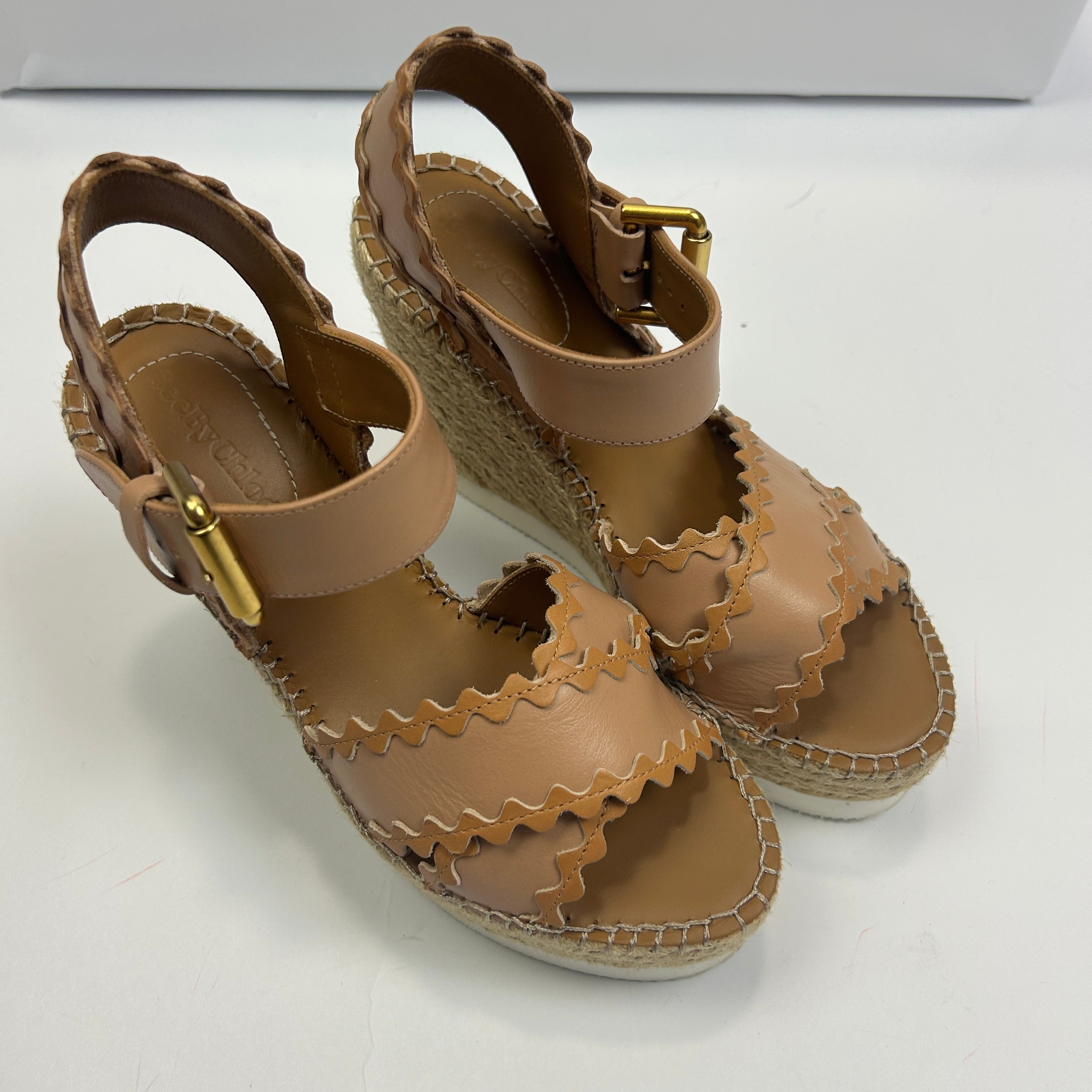 Chloe Blush Leather Ricrac Platform Espadrille Sandals 36