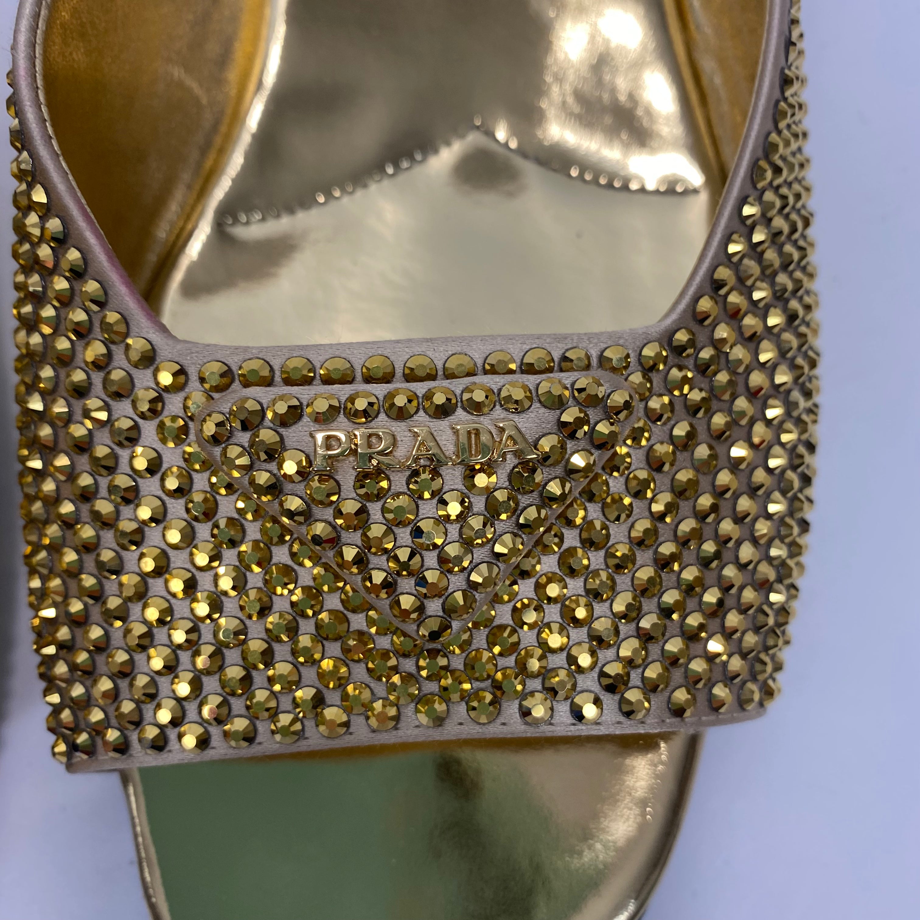 Prada New £1070 Gold Crystal Flat Sandals 38