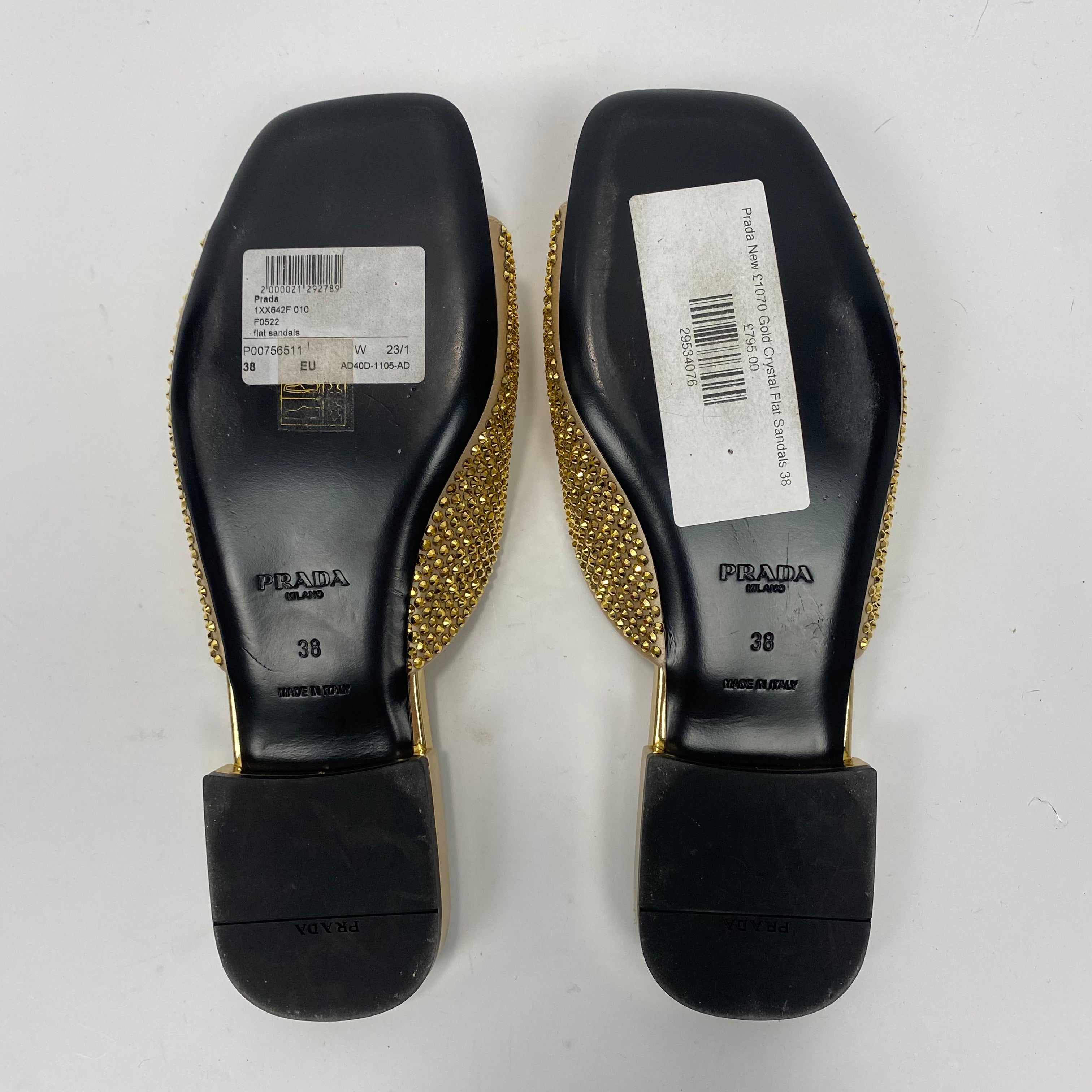 Prada New £1070 Gold Crystal Flat Sandals 38