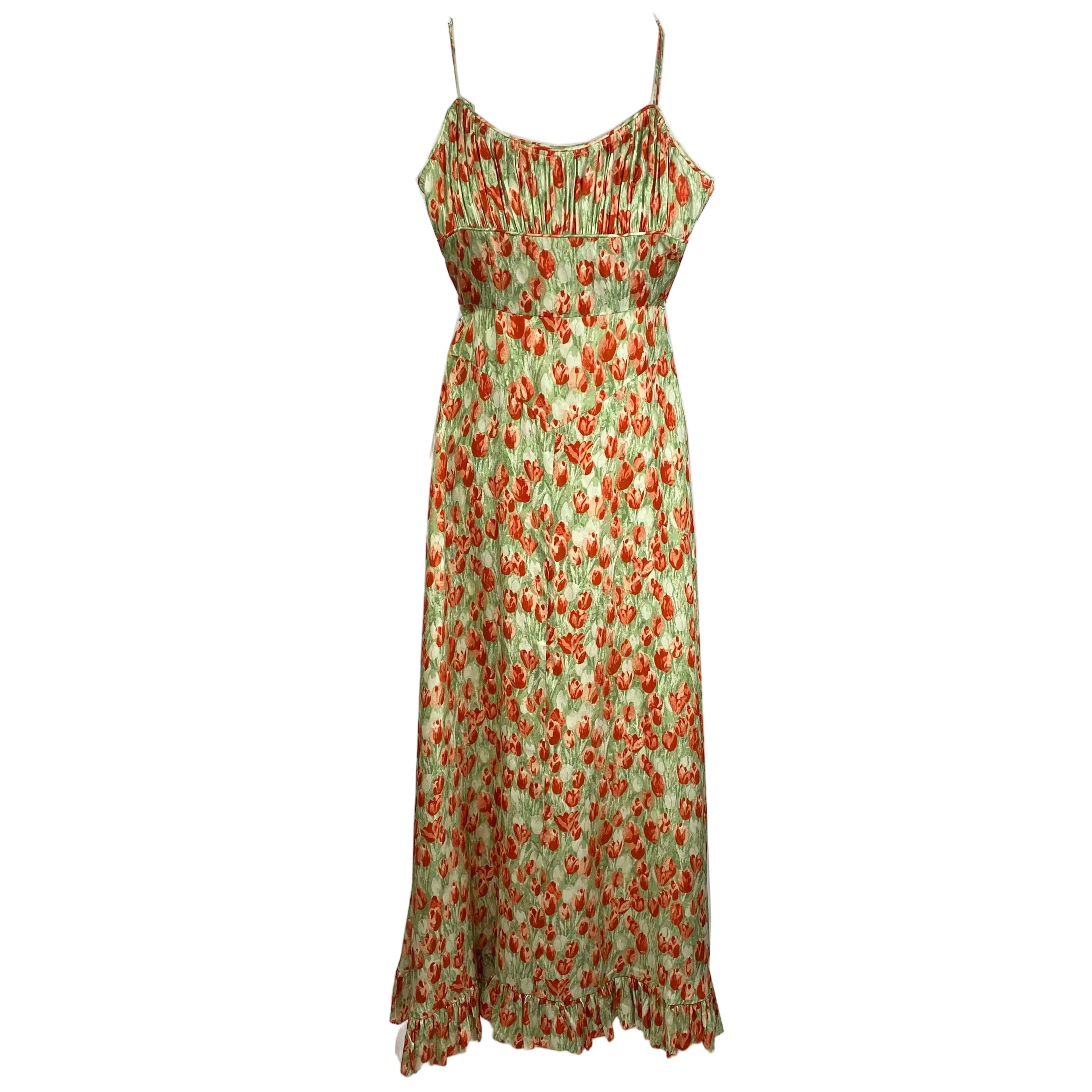 Doen £555 Green & Orange Tulip Print Satin Slip Dress XS