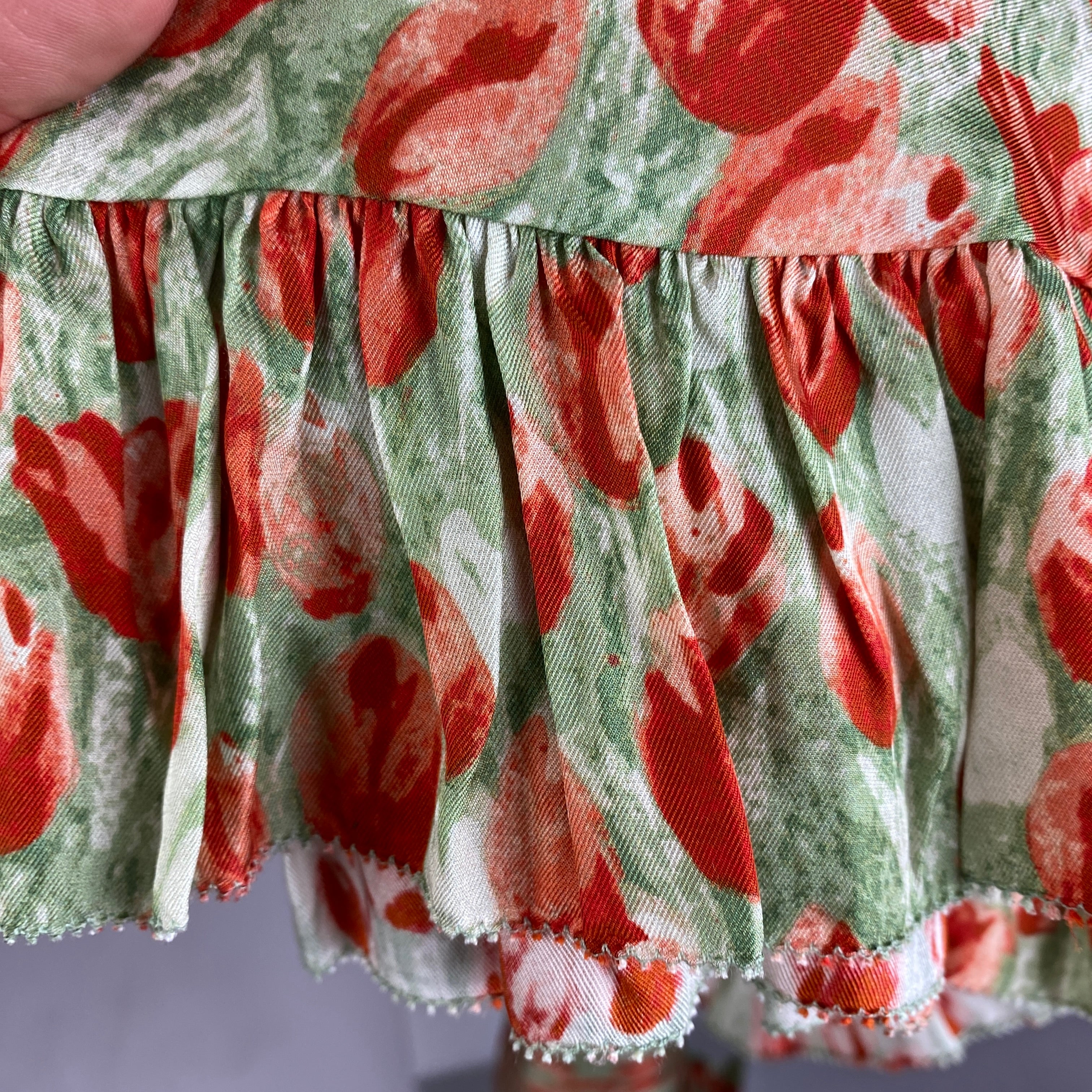 Doen £555 Green & Orange Tulip Print Satin Slip Dress XS