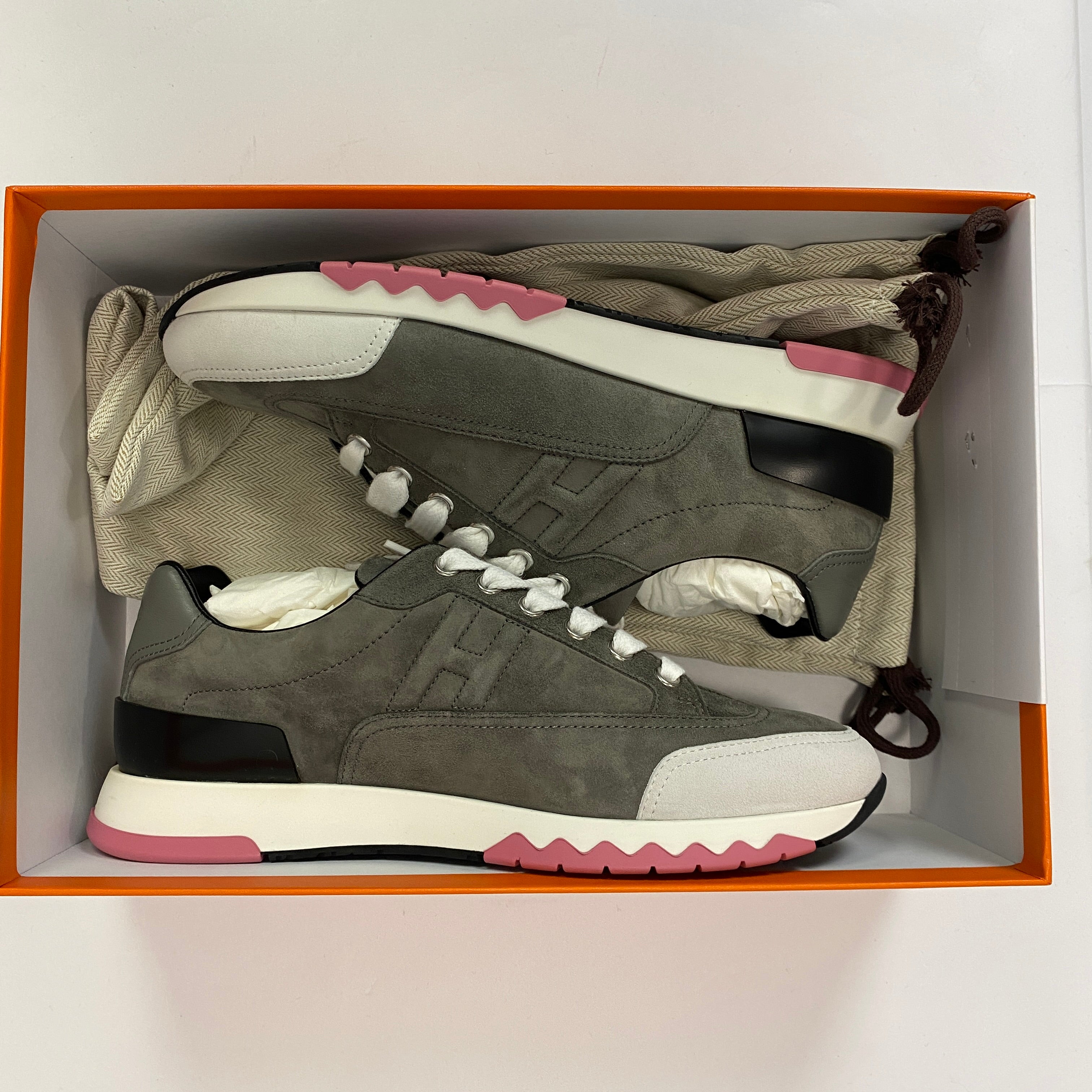 Hermes New £930 Grey Chèvre Suede Trail Trainers 36.5