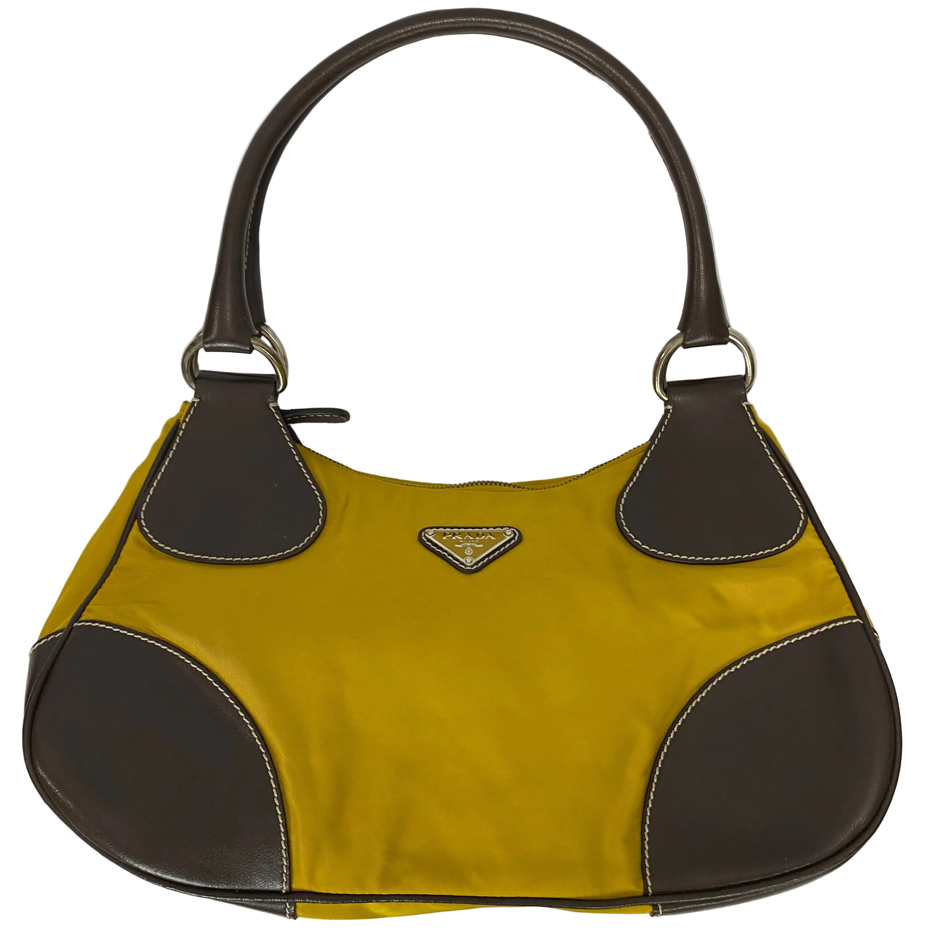 Prada Yellow Nylon & Brown Leather Cleo Bag