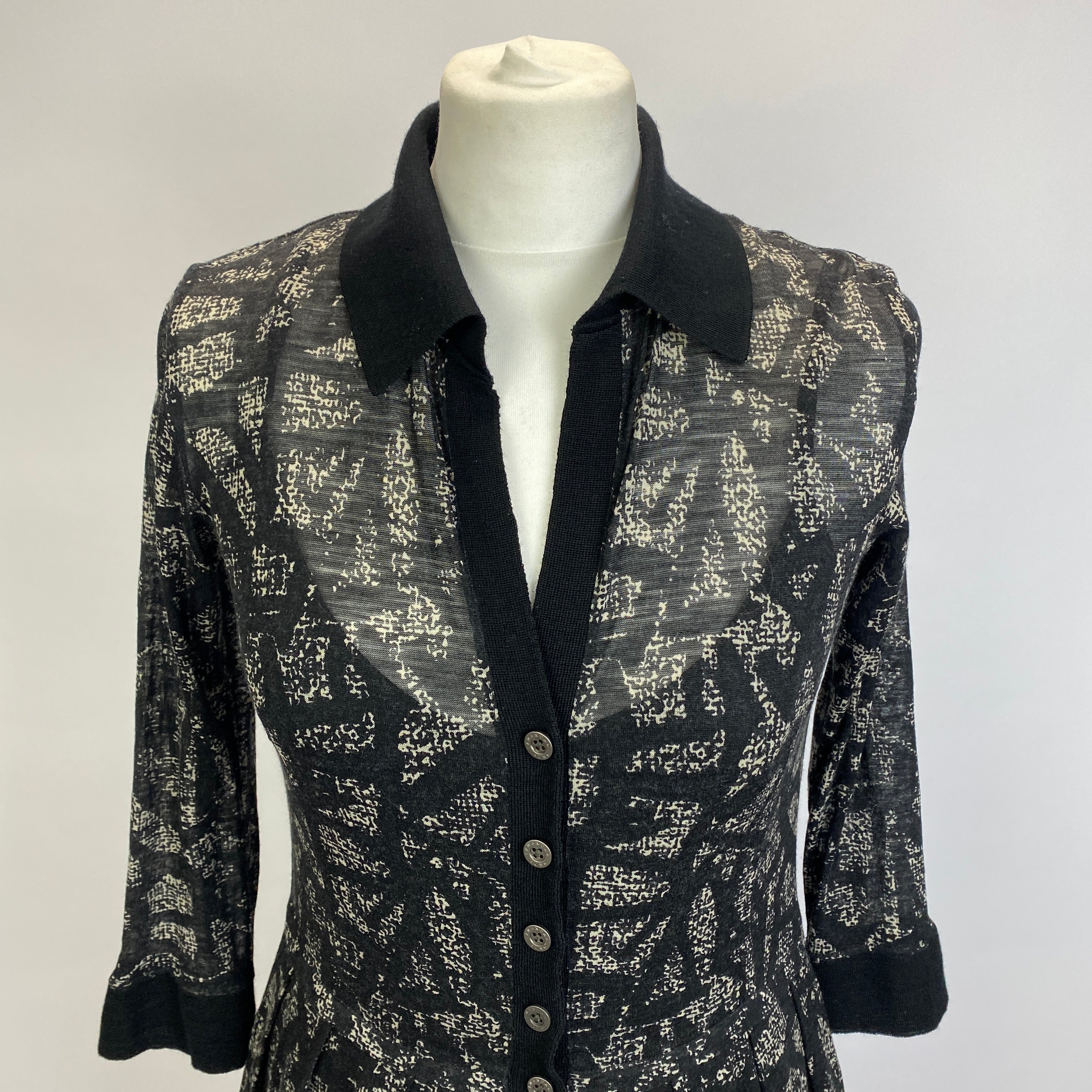 Samantha Sung Black & Ecru Print Wool & Silk Shirt Dress S