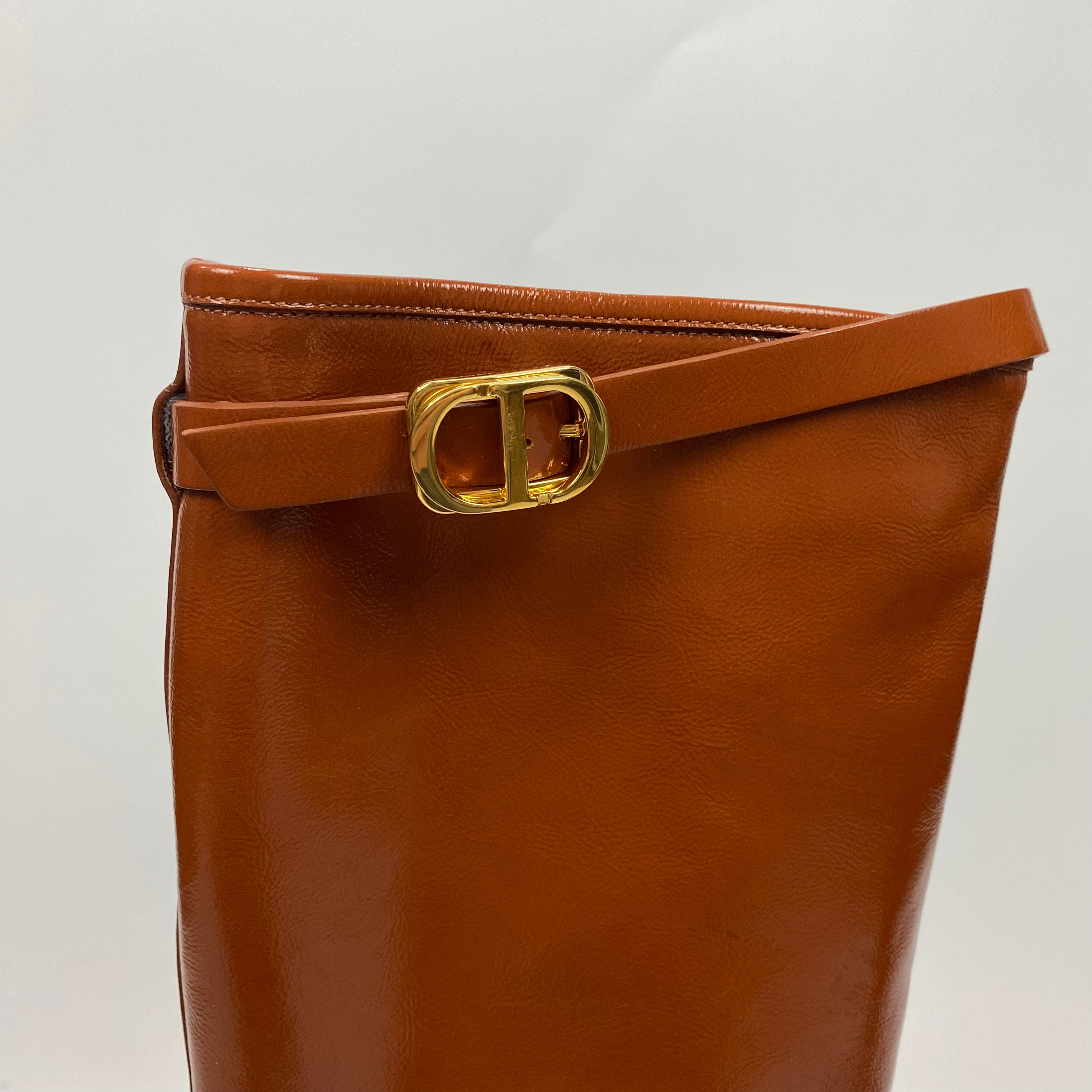 Dior Cinnamon Patent Empreinte Pull-On Knee Boots 38.5