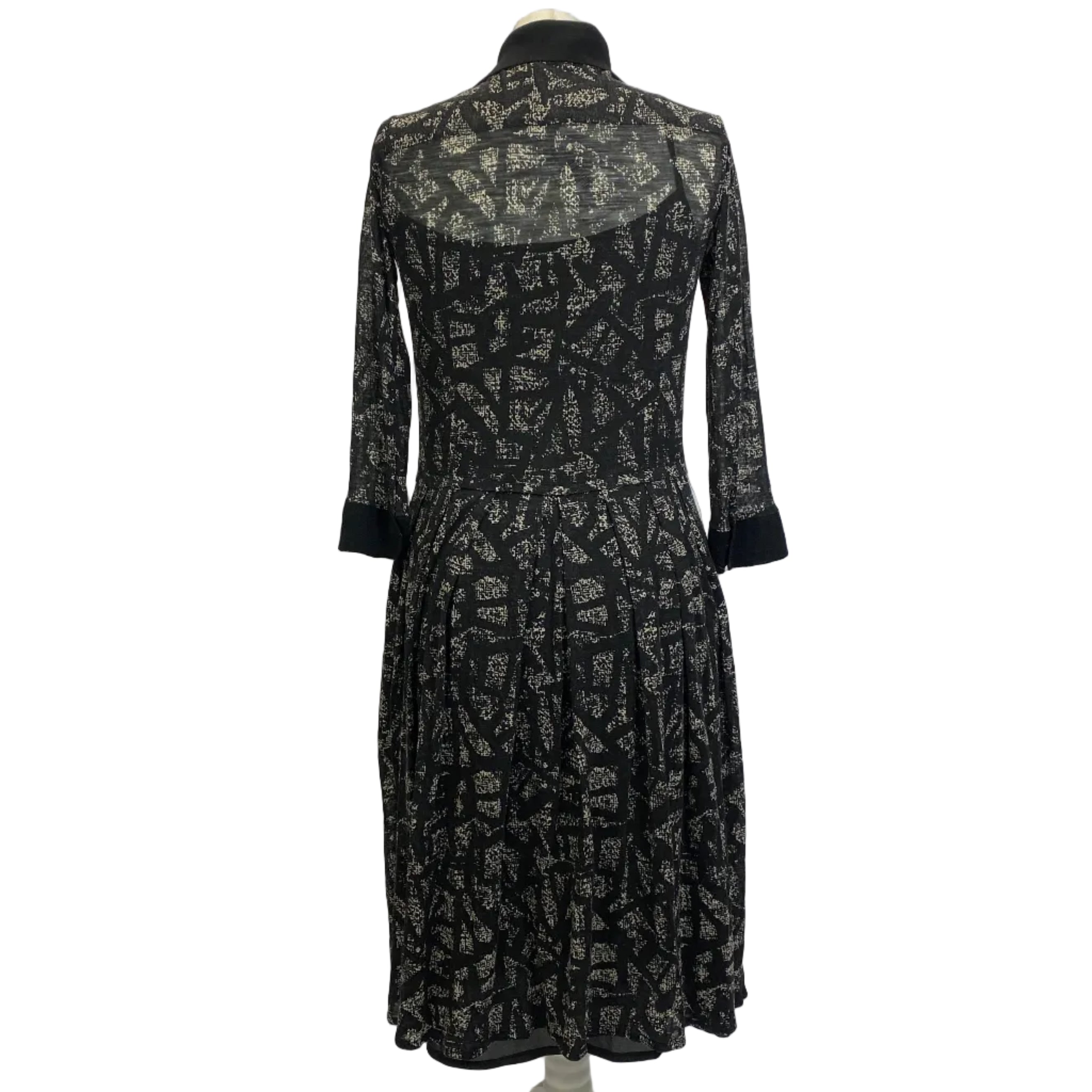 Samantha Sung Black & Ecru Print Wool & Silk Shirt Dress S