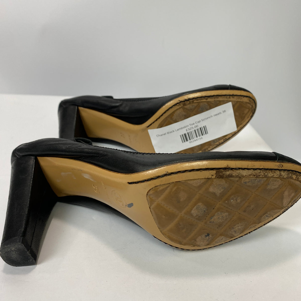 Chanel Black Lambskin Toe Cap Scrunch Heels 38