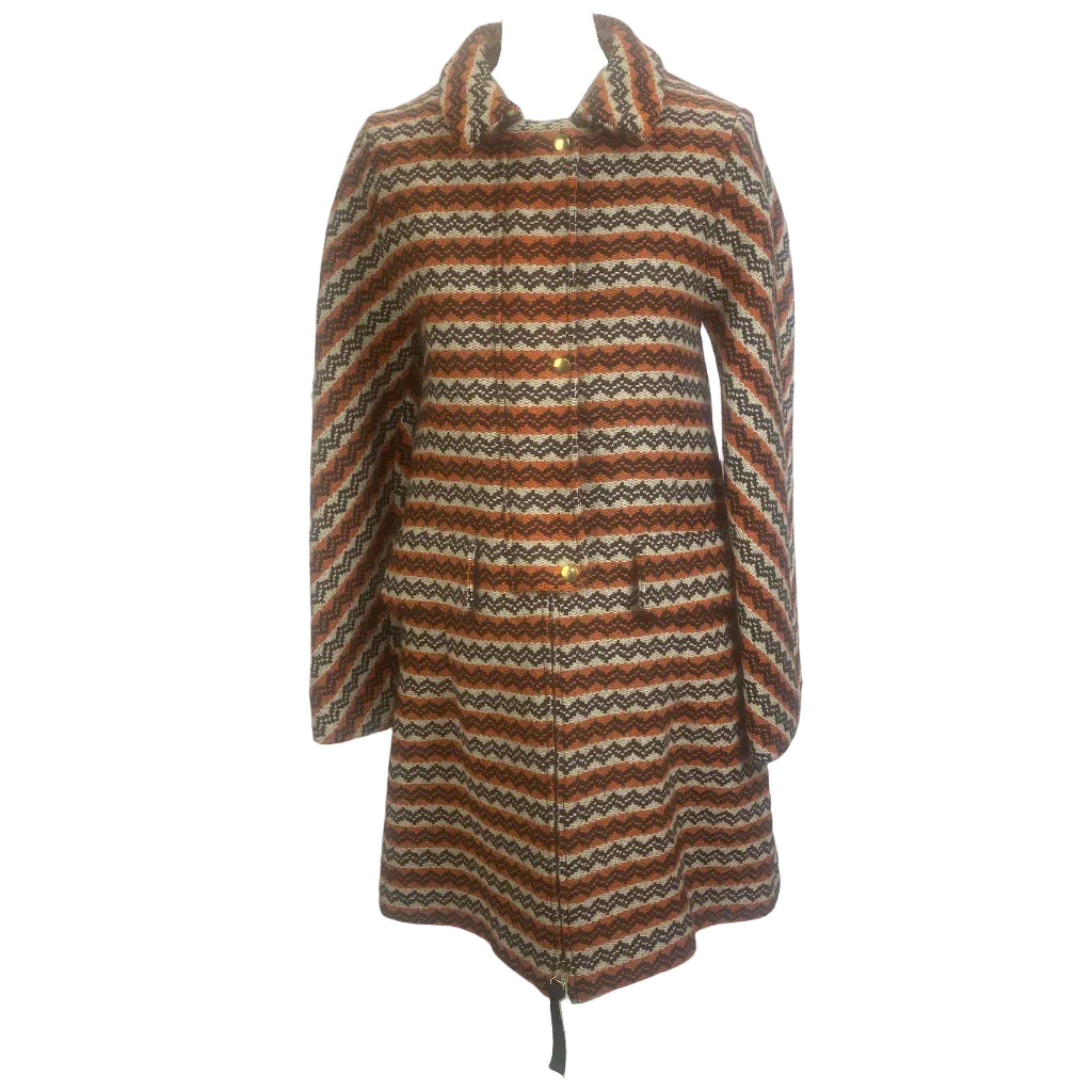 Marni Orange & Ecru Zigzag Jacquard Wool Mix Coat M
