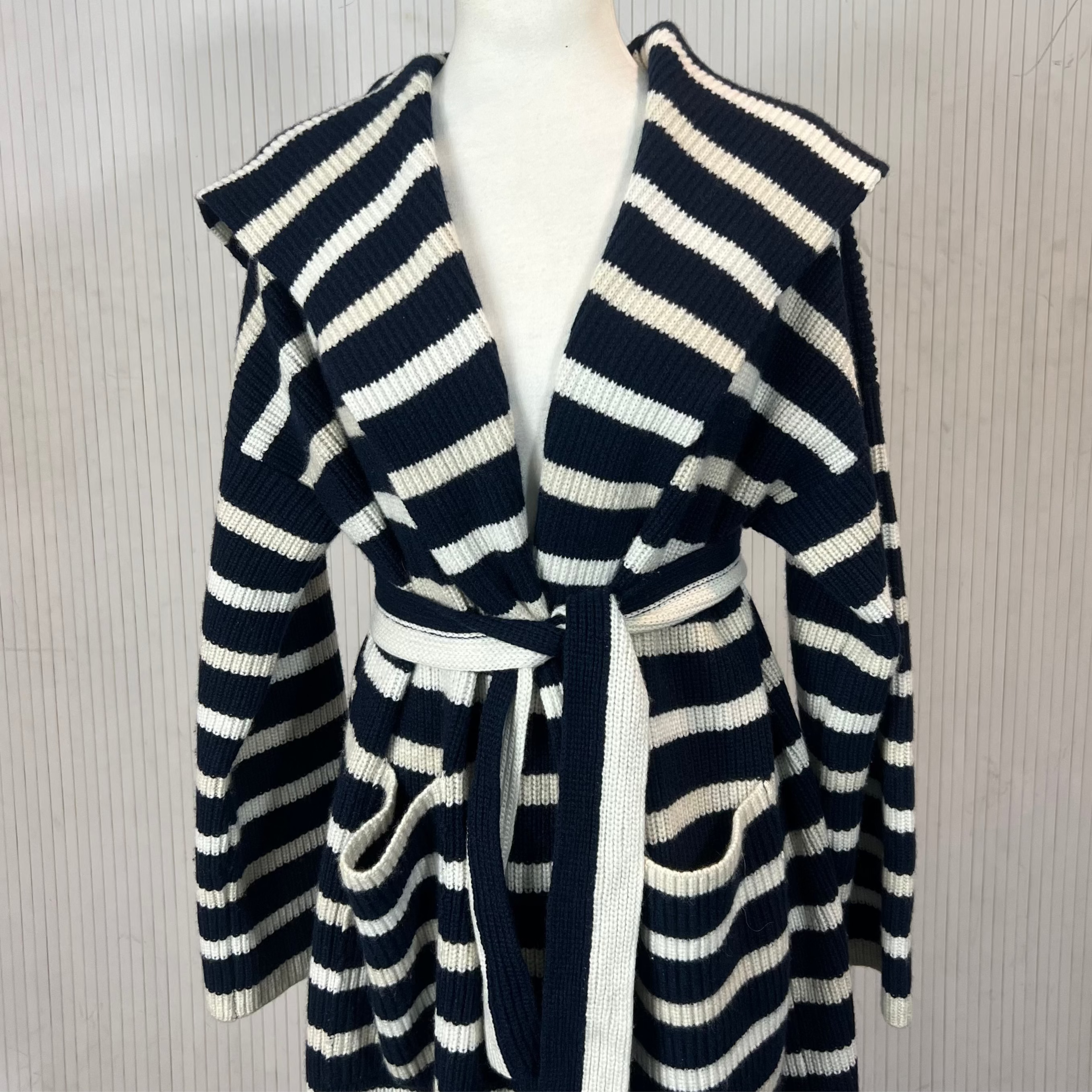 Connolly Navy & White Stripe Thick Cashmere Knit Belted Coat S/M/L/XL