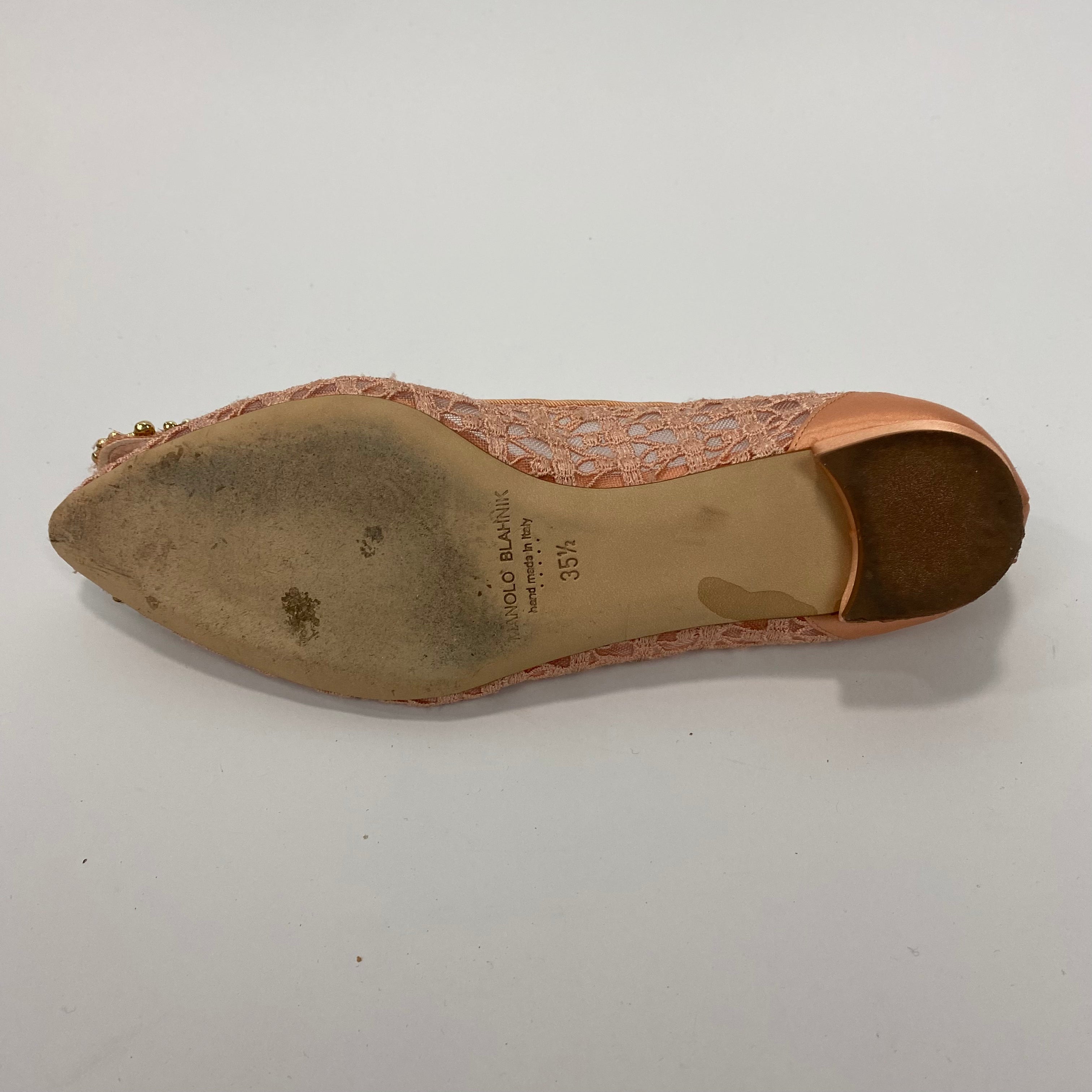 Manolo Blahnik £1035 Pink Lace & Pearl Hangisi Flats 35.5