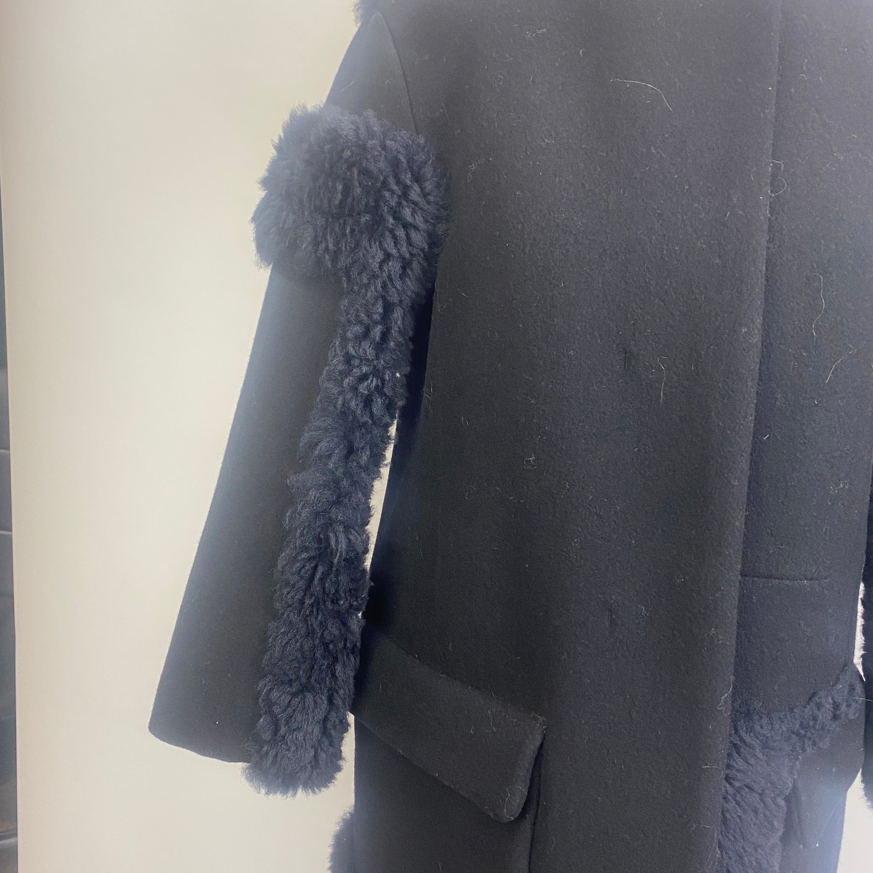 Jil Sander Navy Shearling & Wool Collarless Coat S