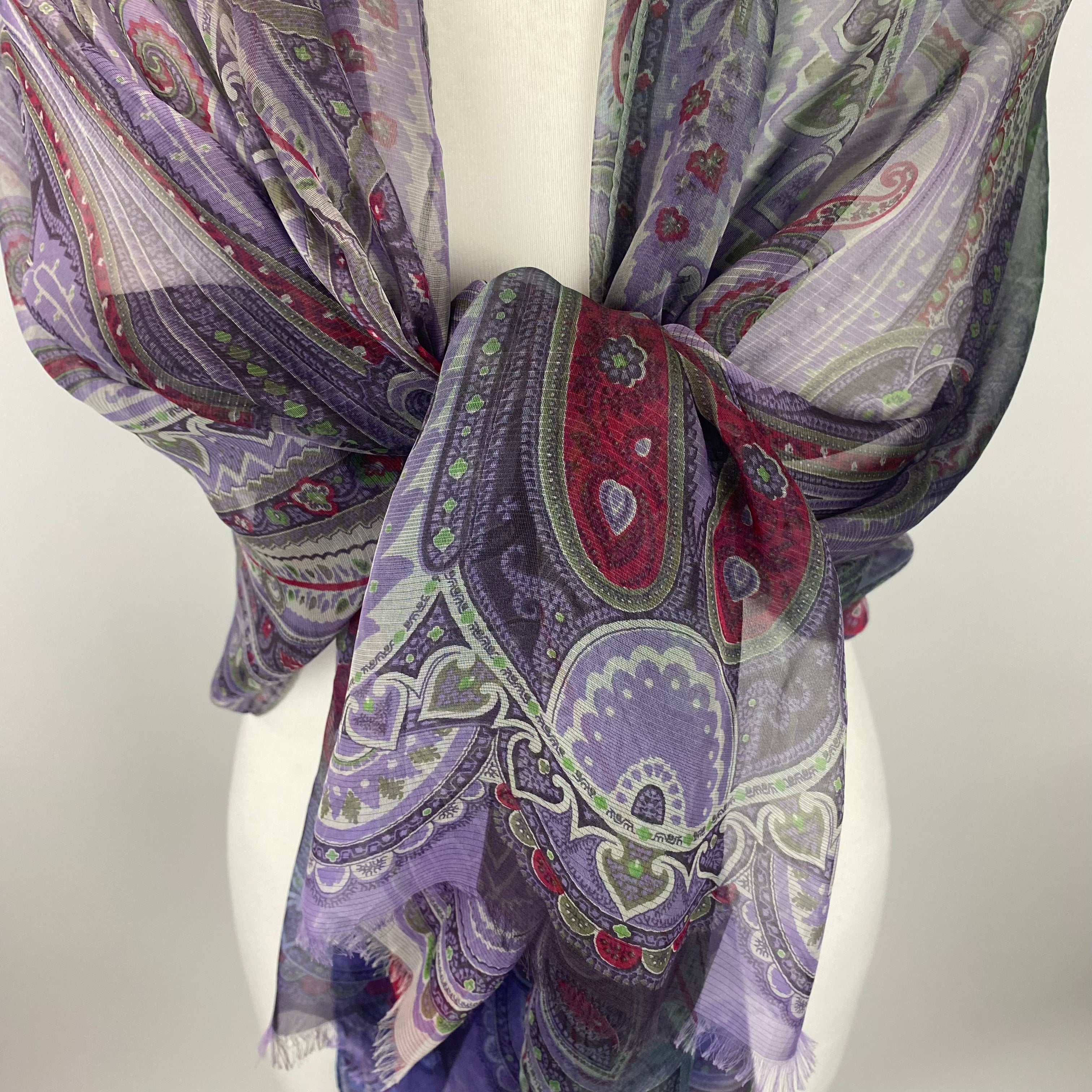 Etro New Silk Chiffon Lilac Paisley Fringed Scarf