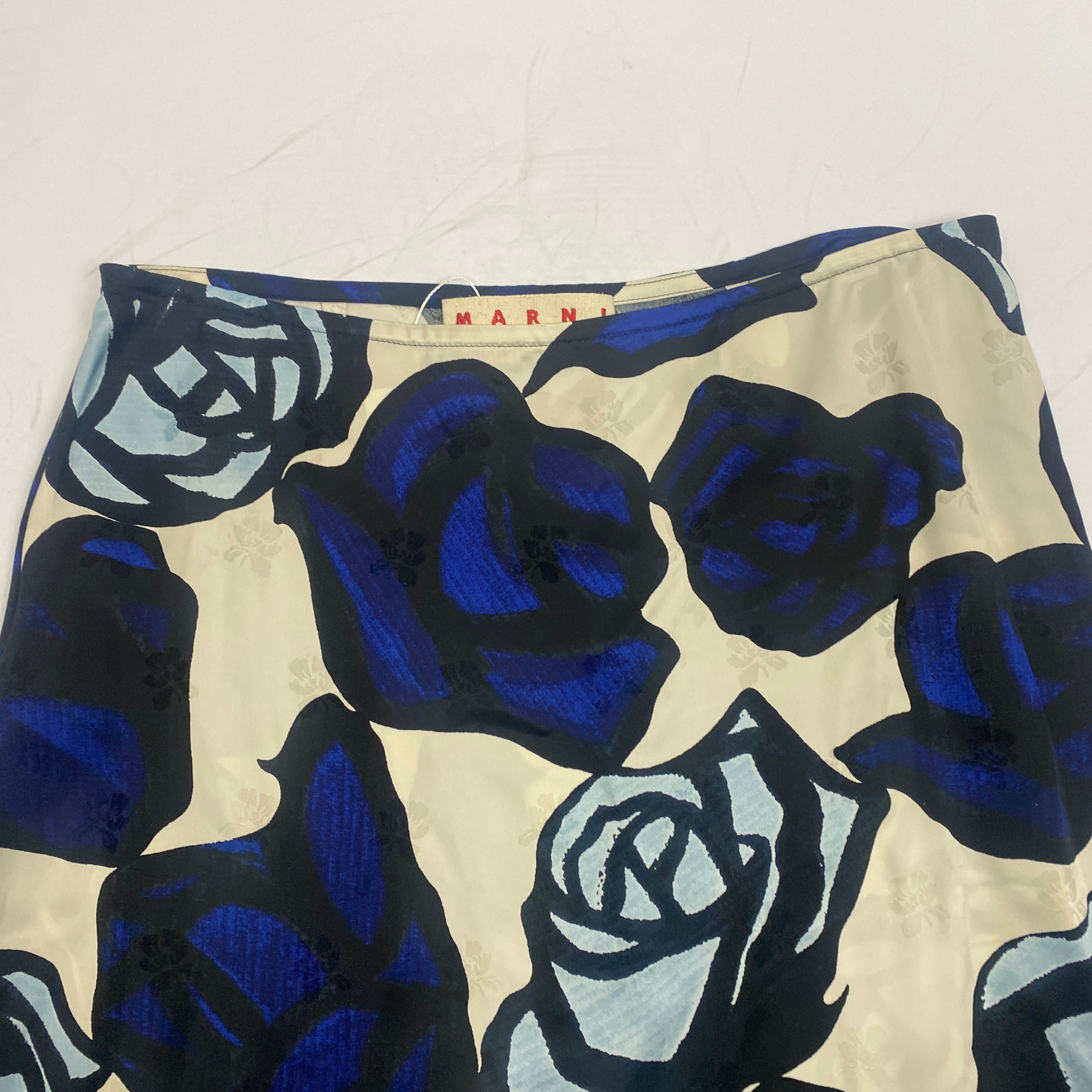 Marni New Cream & Navy Rose Print Satin Midi Skirt M