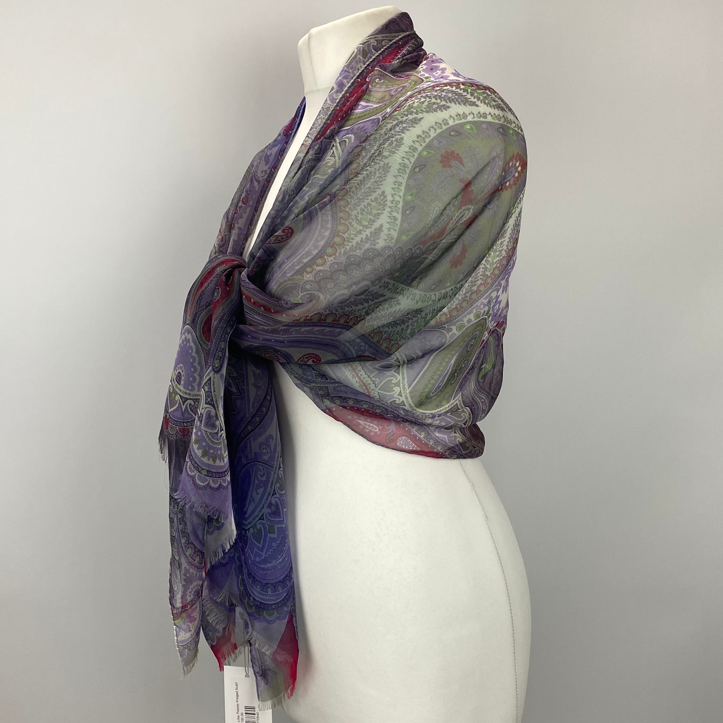 Etro New Silk Chiffon Lilac Paisley Fringed Scarf