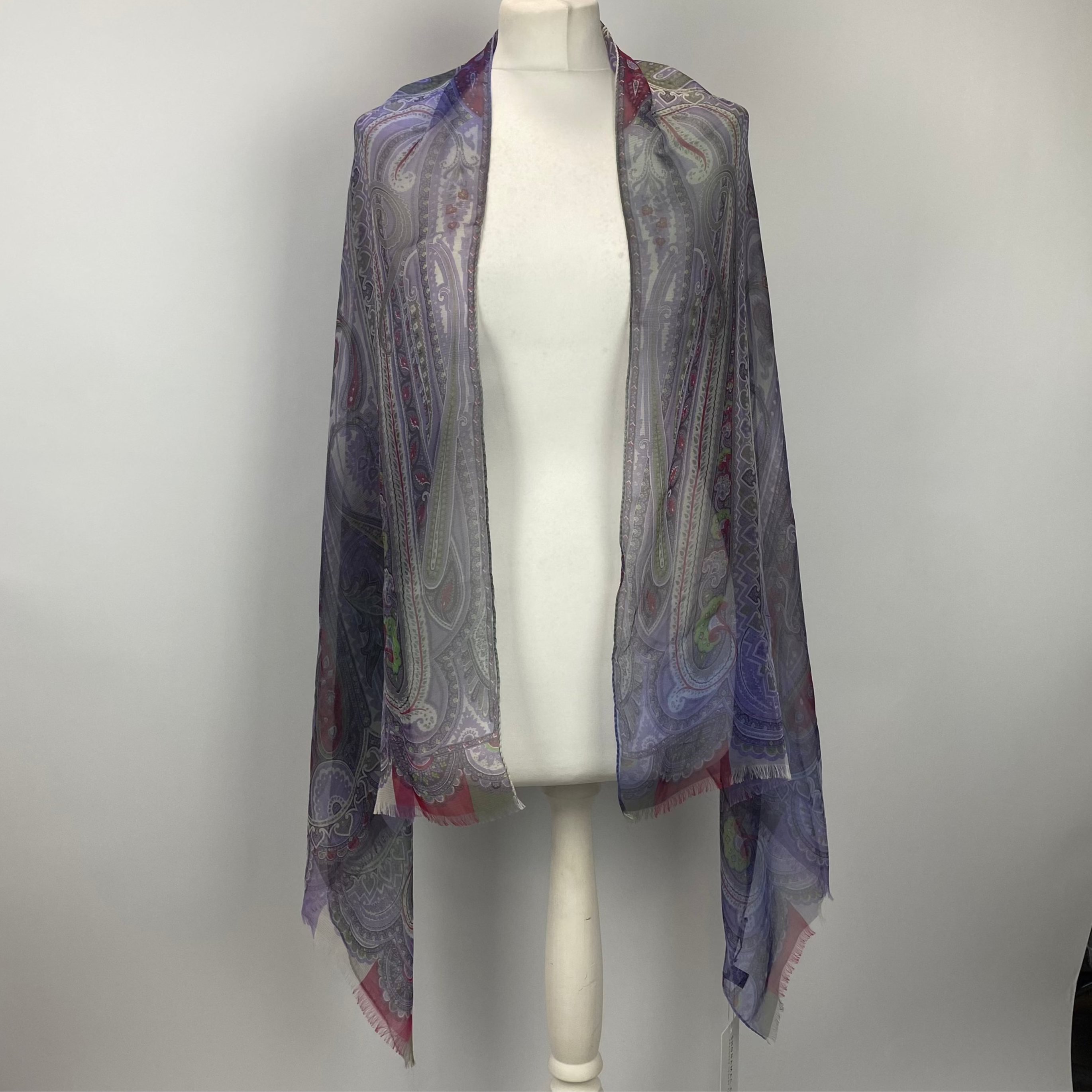 Etro New Silk Chiffon Lilac Paisley Fringed Scarf