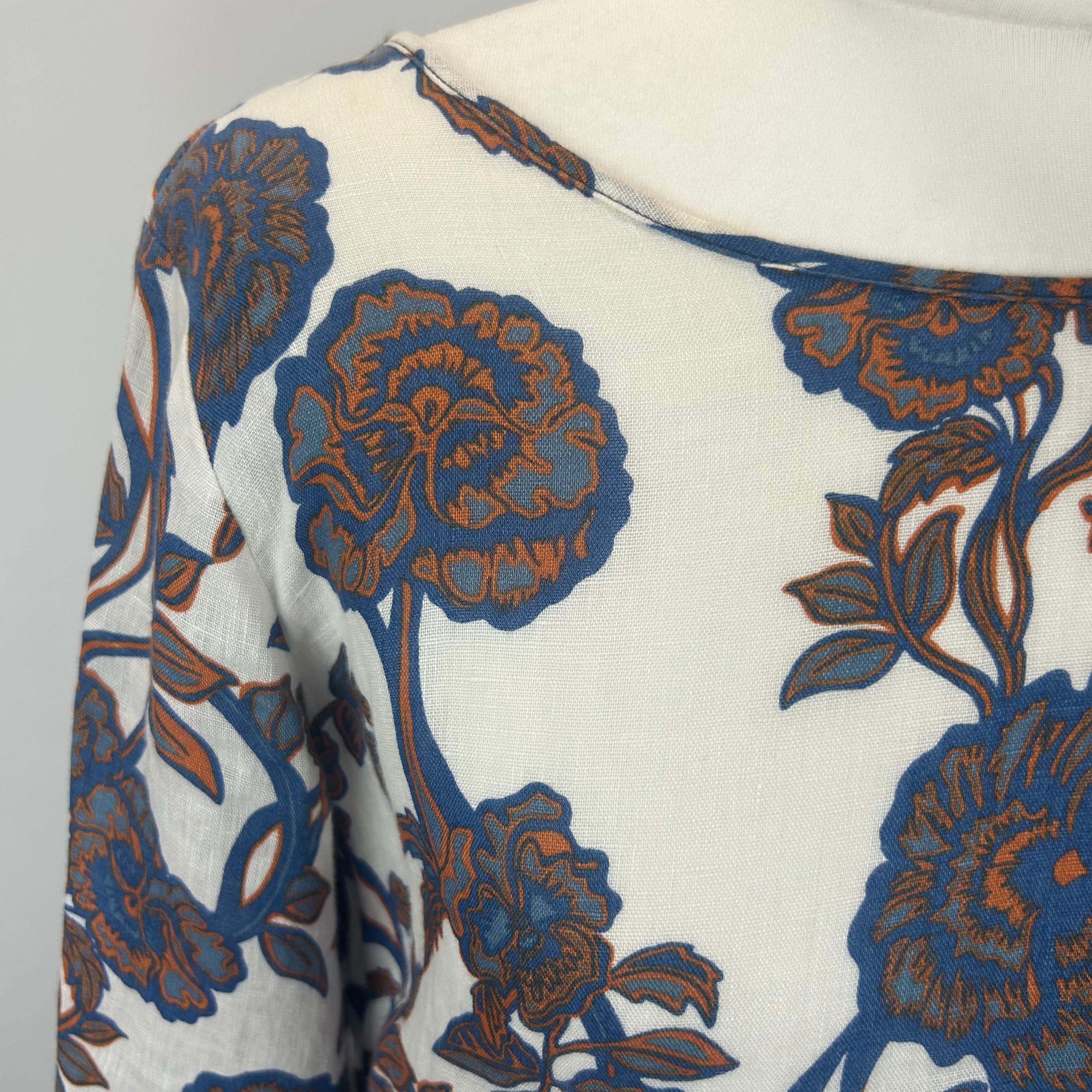 120% Lino White Blue & Tan Floral Linen Shift Dress M