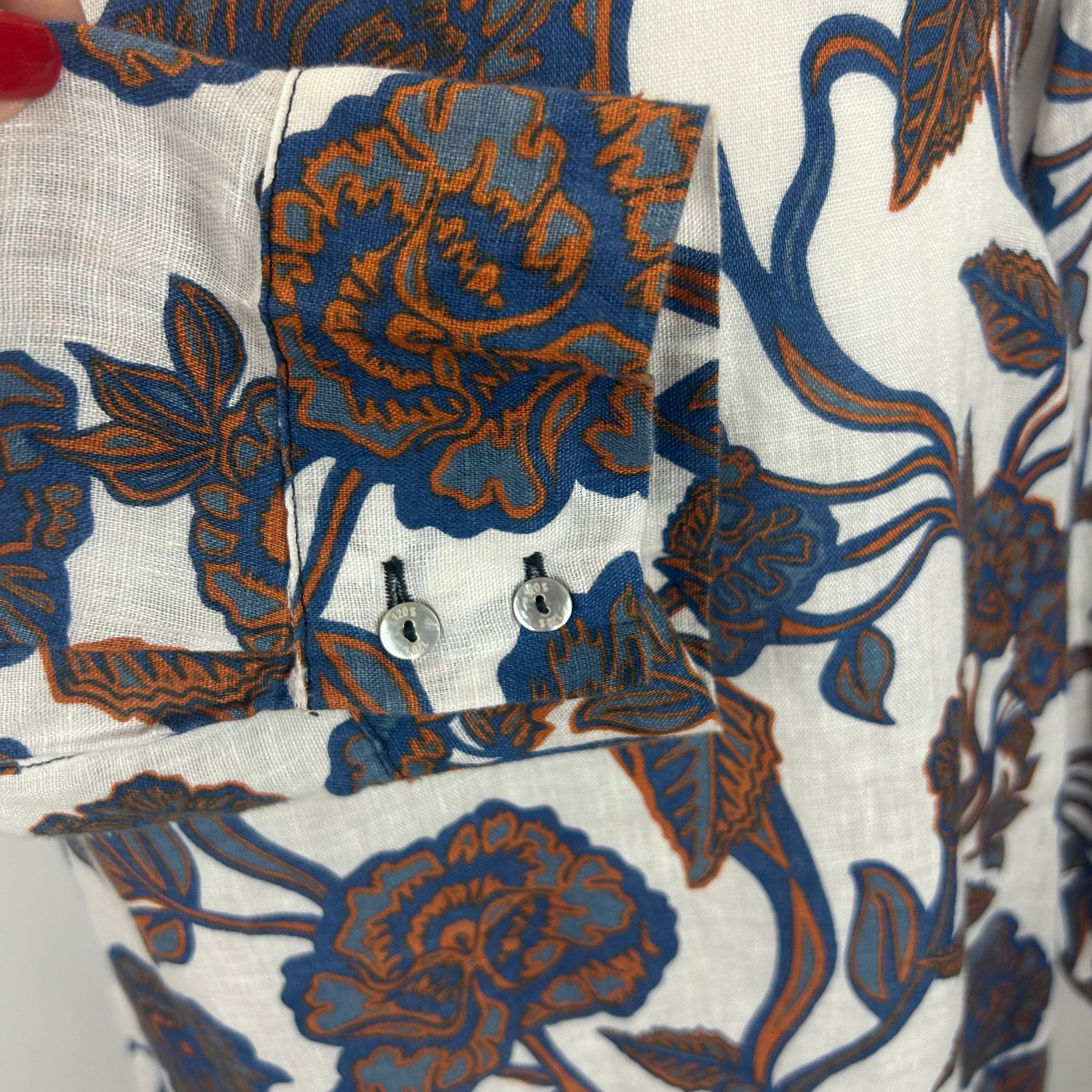 120% Lino White Blue & Tan Floral Linen Shift Dress M