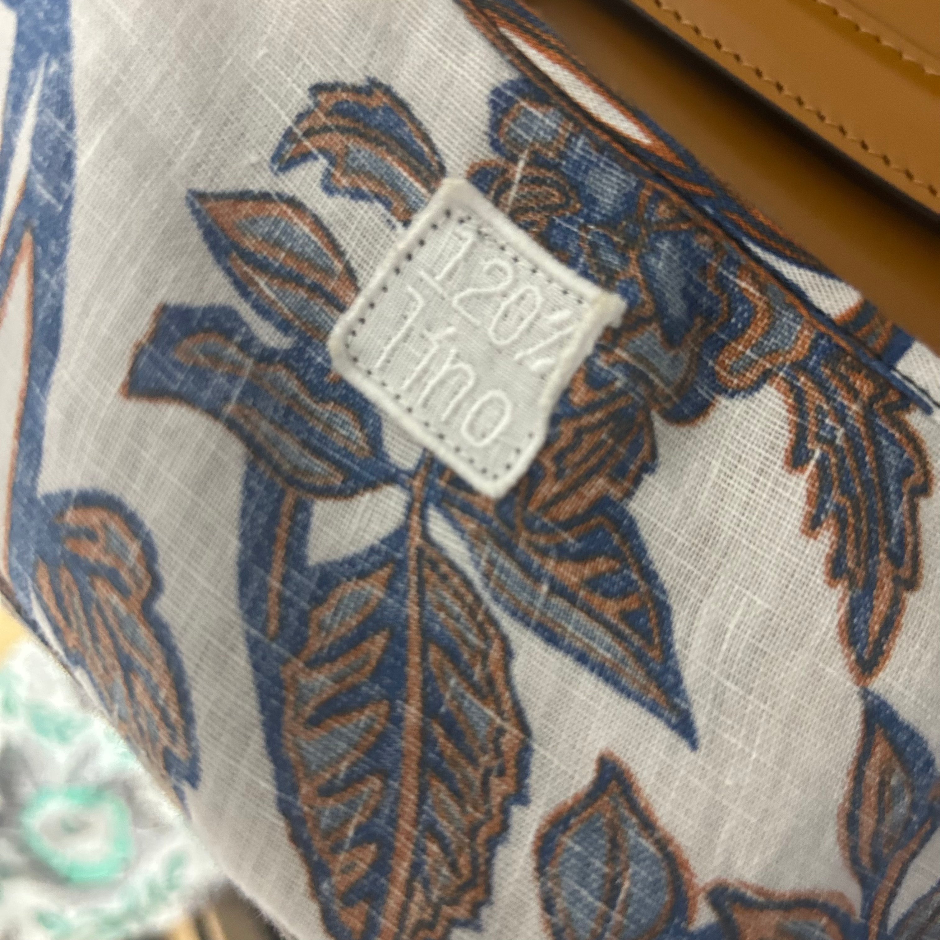 120% Lino White Blue & Tan Floral Linen Shift Dress M