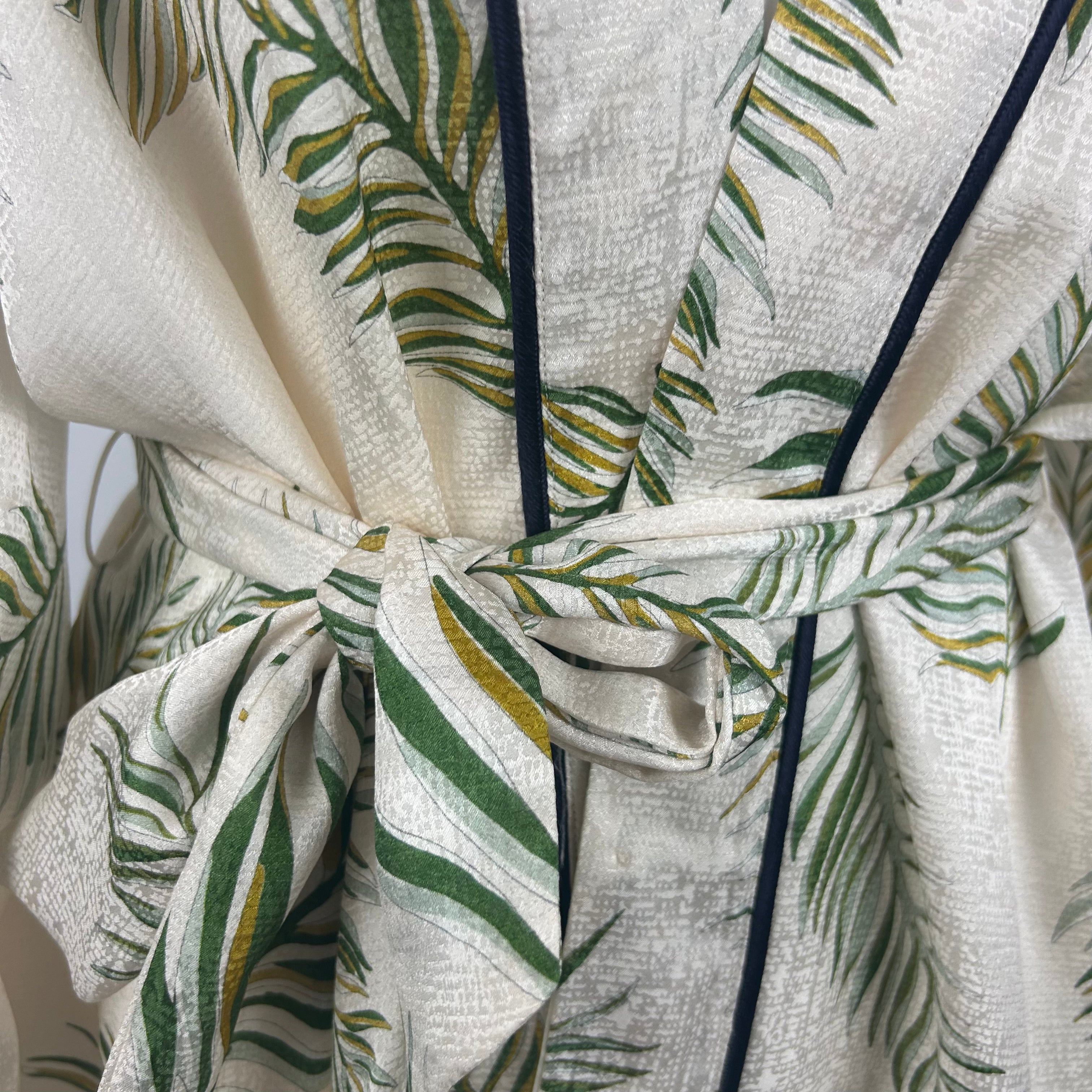 Forte Forte Ivory Leaf Print Silk Belted Kimono Jacket S