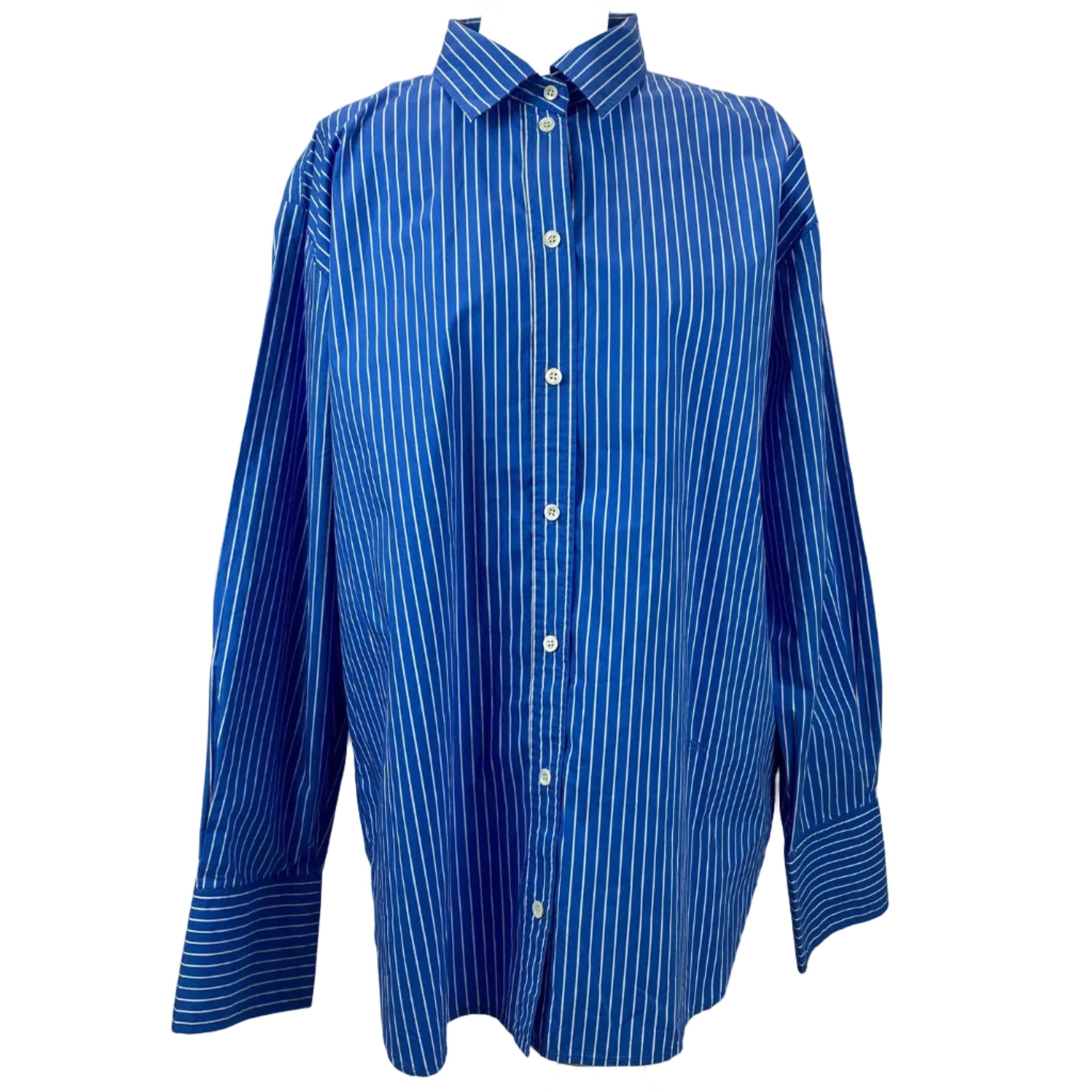Frame New £315 Air Force Blue Stripe Organic Cotton Shirt L