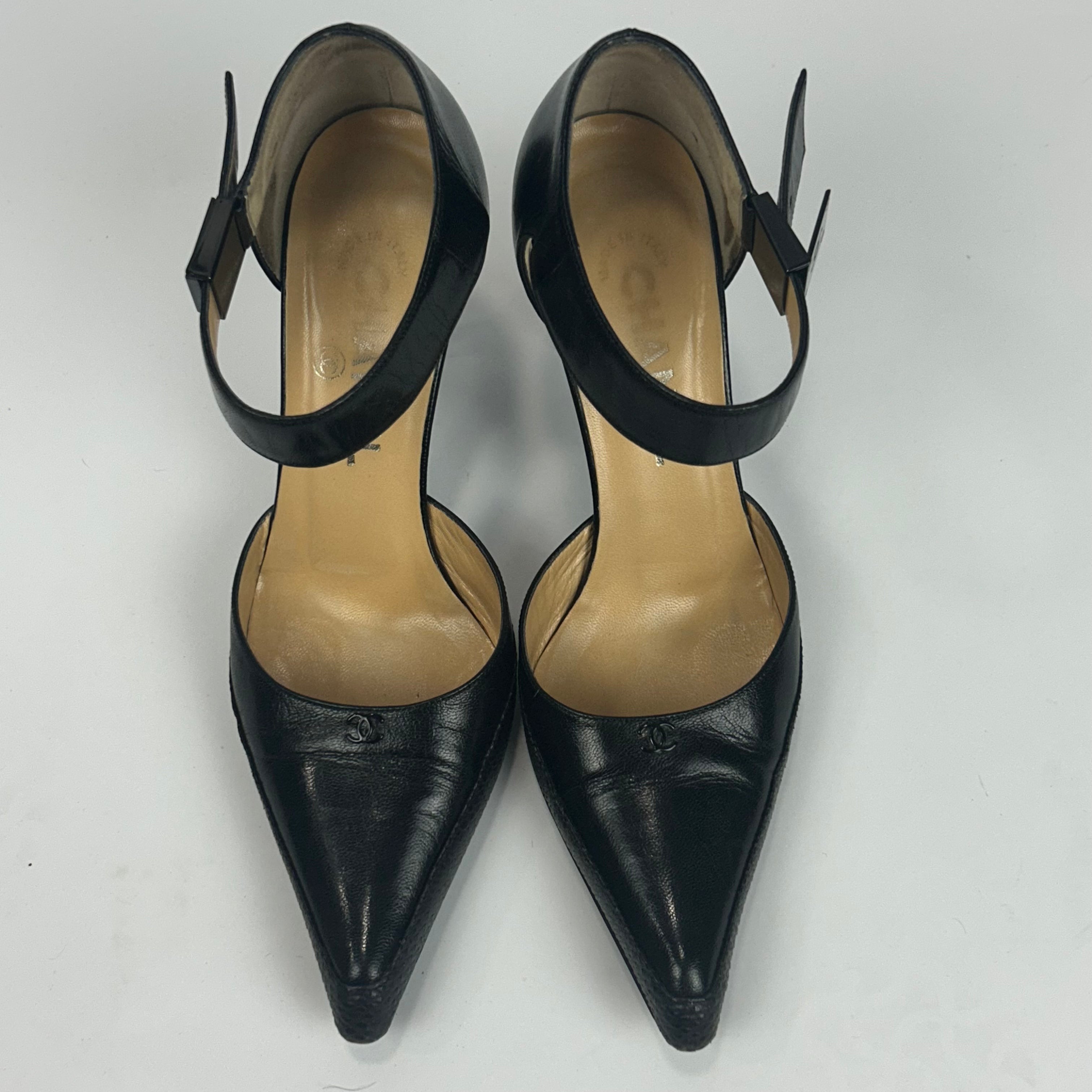 Chanel Black Calf & Lizard Ankle Clip Heels 36.5