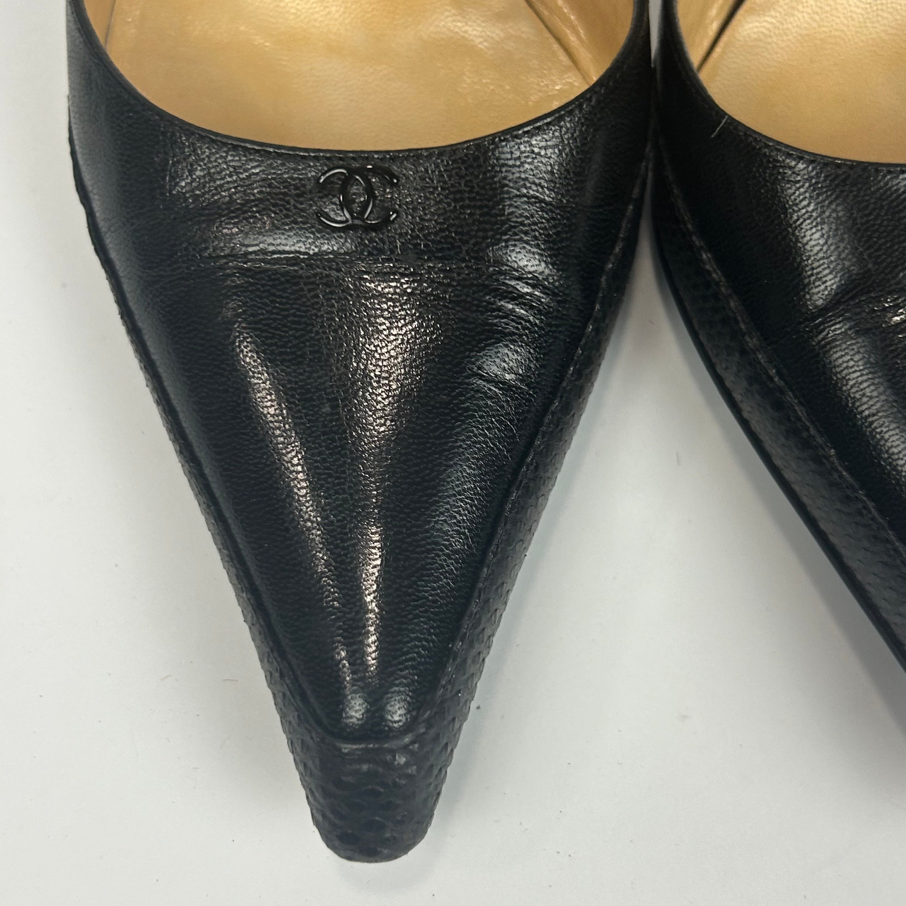 Chanel Black Calf & Lizard Ankle Clip Heels 36.5