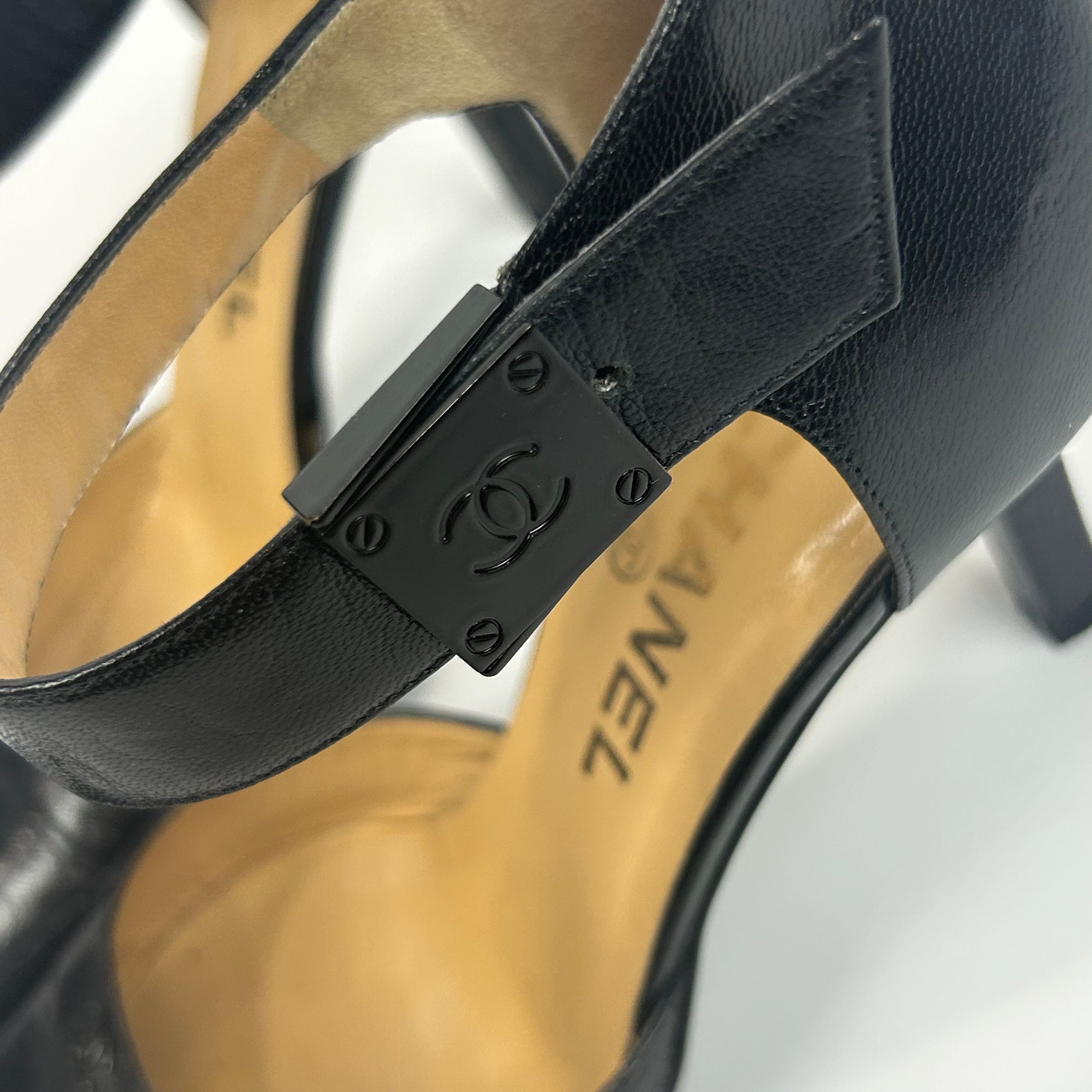 Chanel Black Calf & Lizard Ankle Clip Heels 36.5