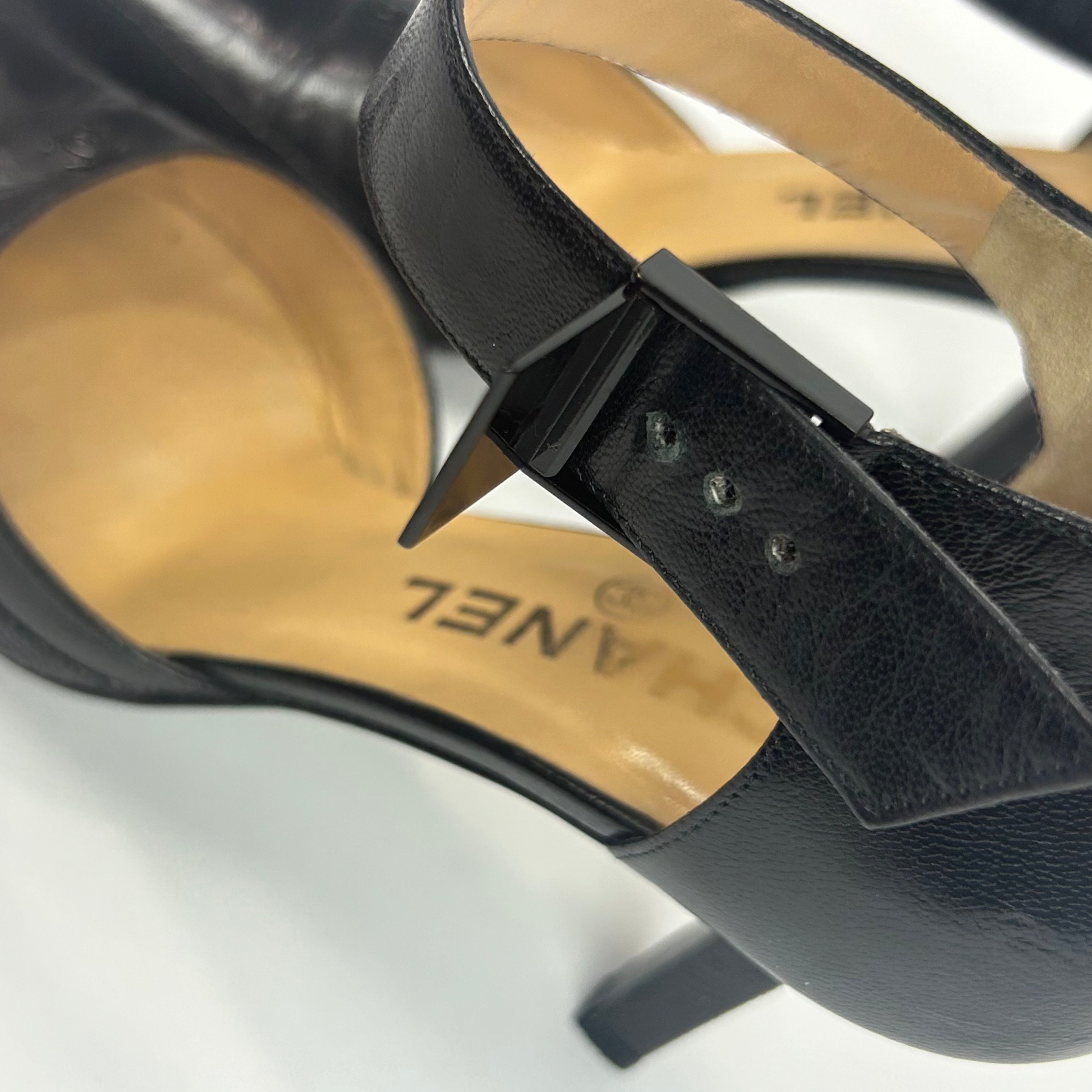 Chanel Black Calf & Lizard Ankle Clip Heels 36.5