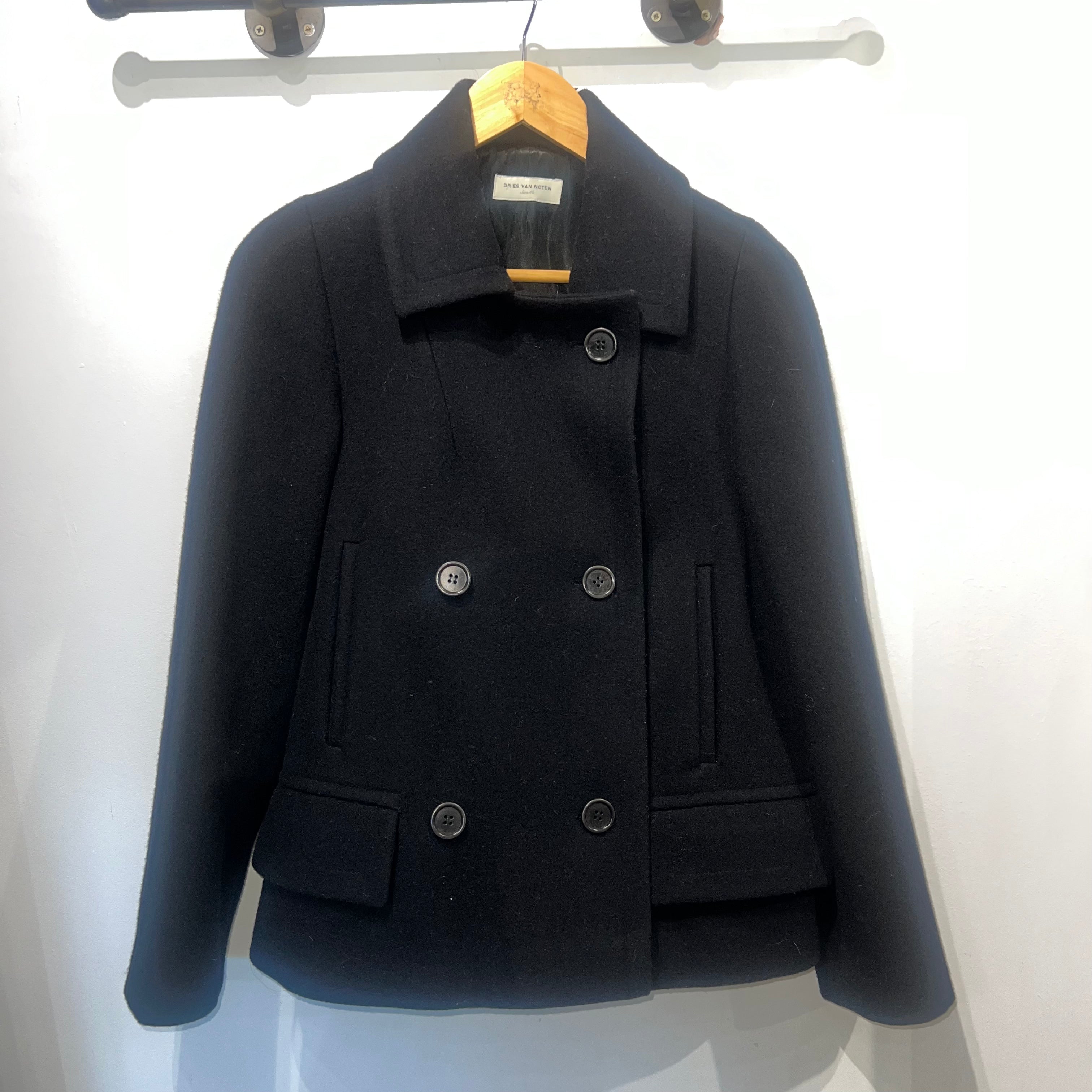 Dries Van Noten Black Wool Double Breasted Pea Coat M
