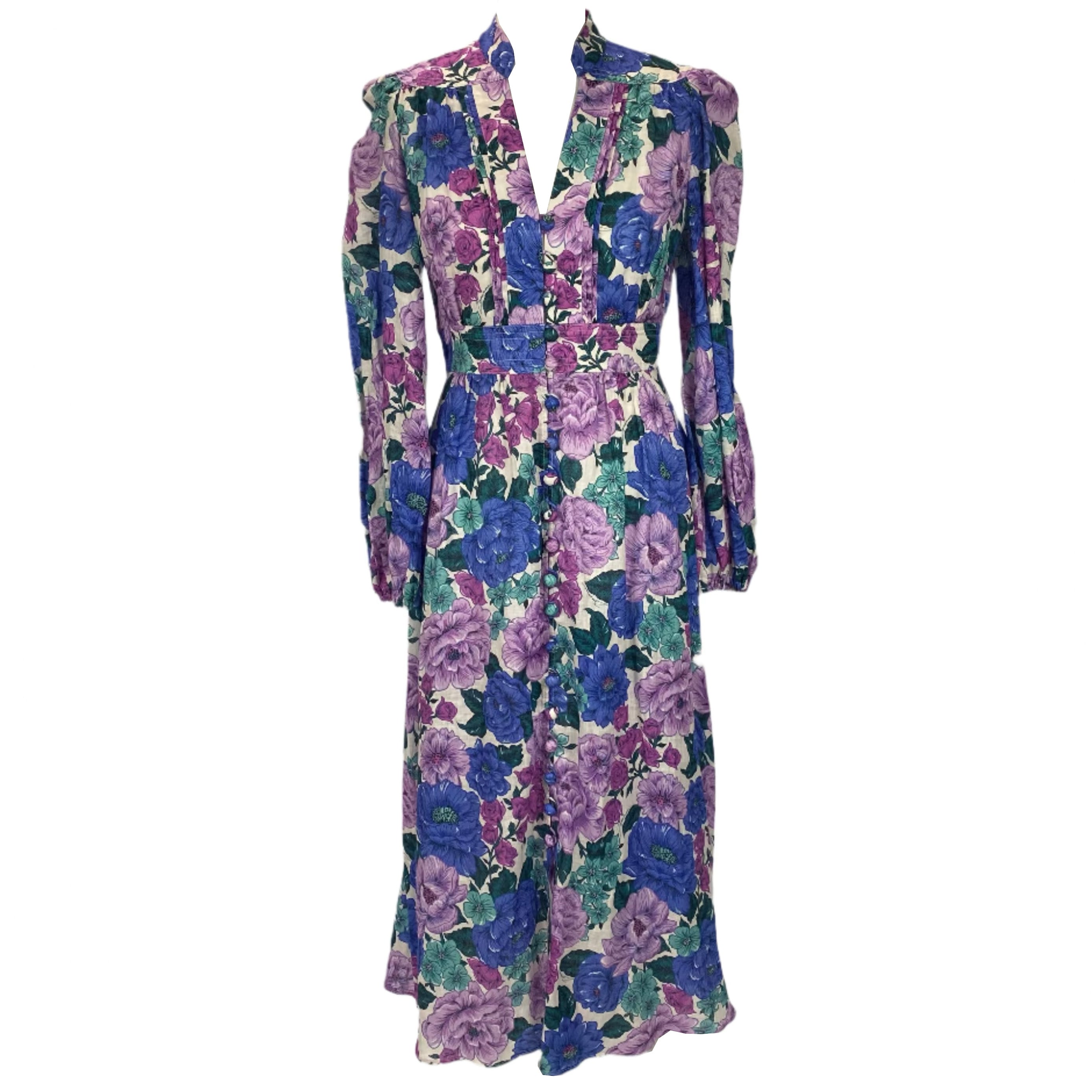Zimmermann New Violet & Blue Poppy Plunge Linen Midi Dress S