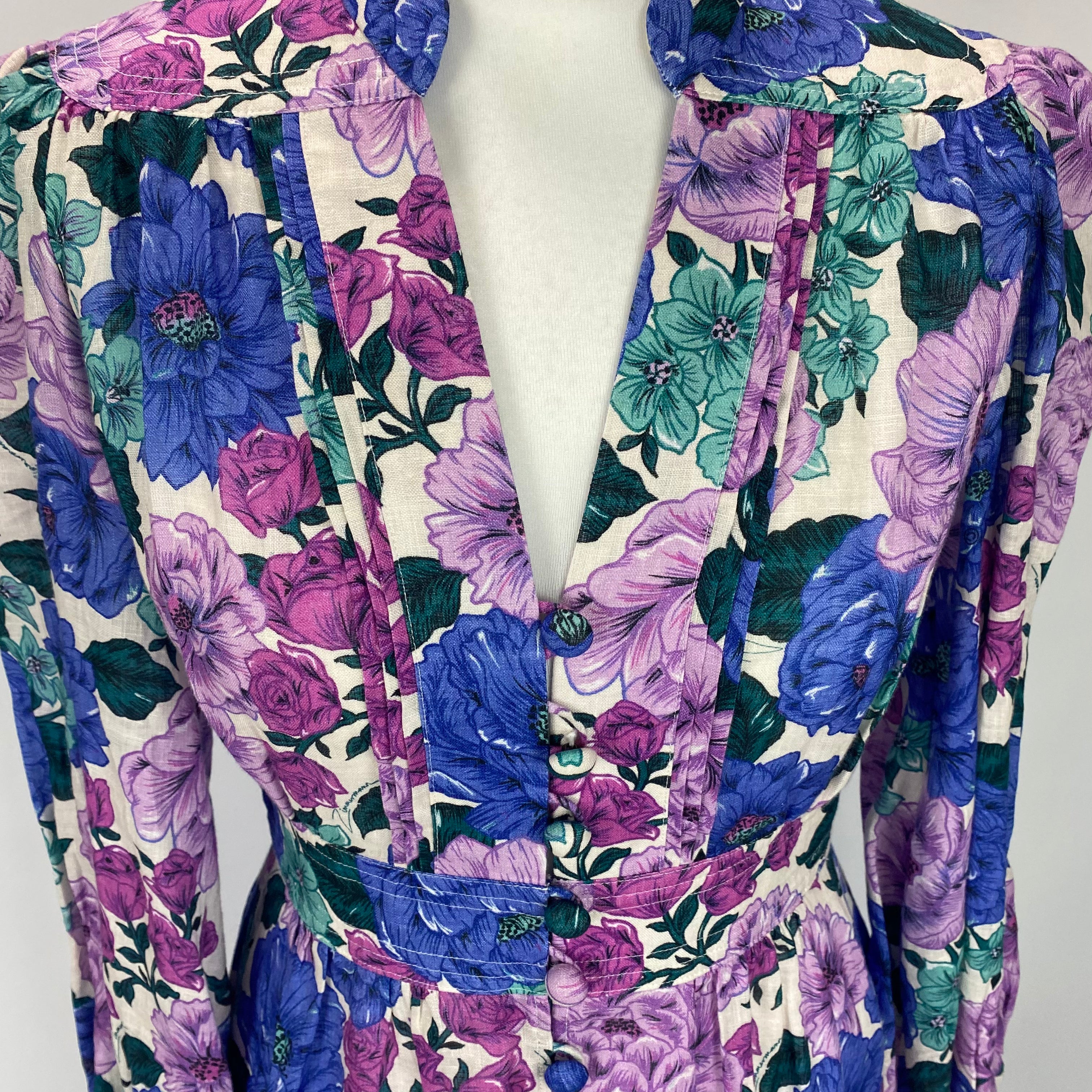 Zimmermann New Violet & Blue Poppy Plunge Linen Midi Dress S