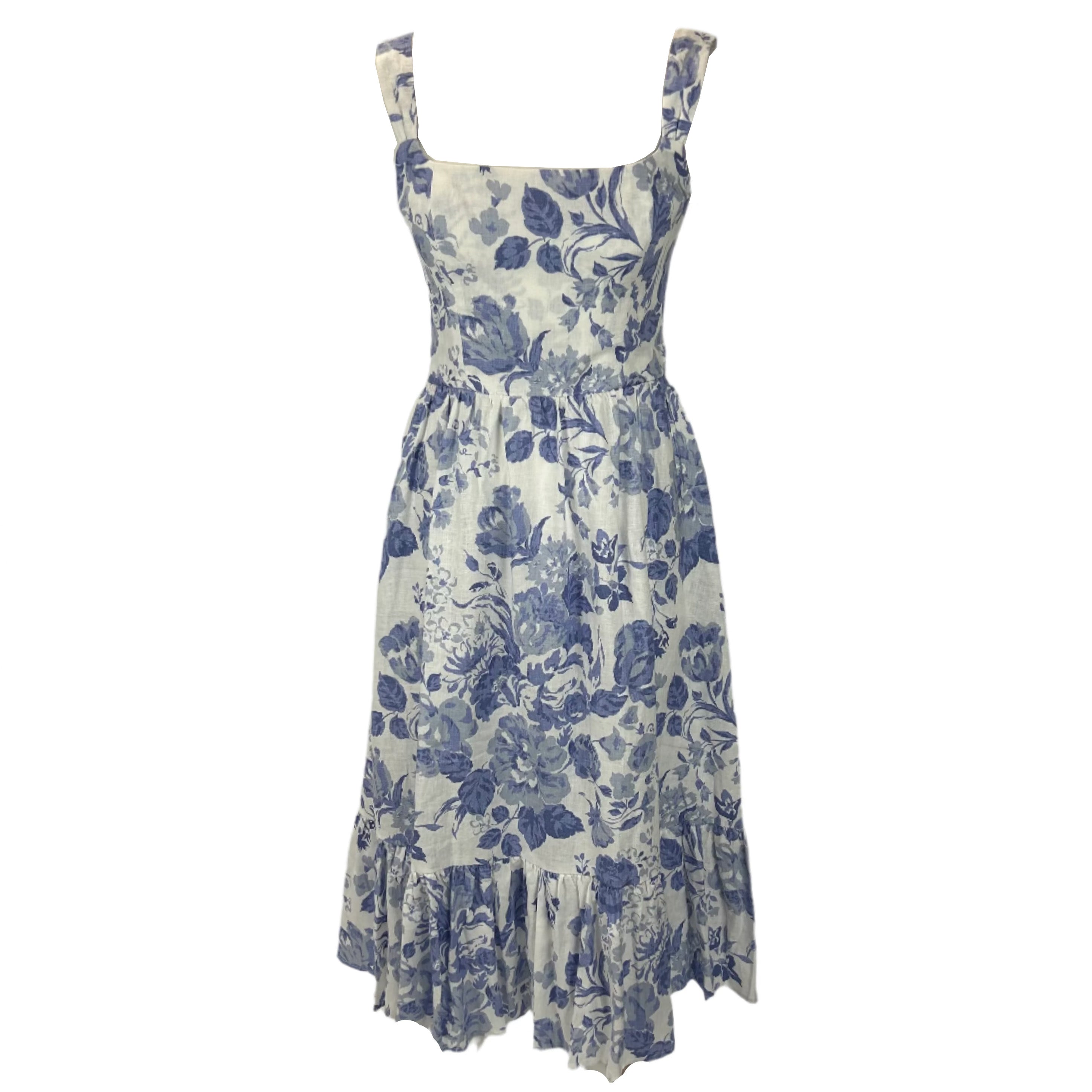 Reformation New China Blue Floral Bucatini Linen Dress S