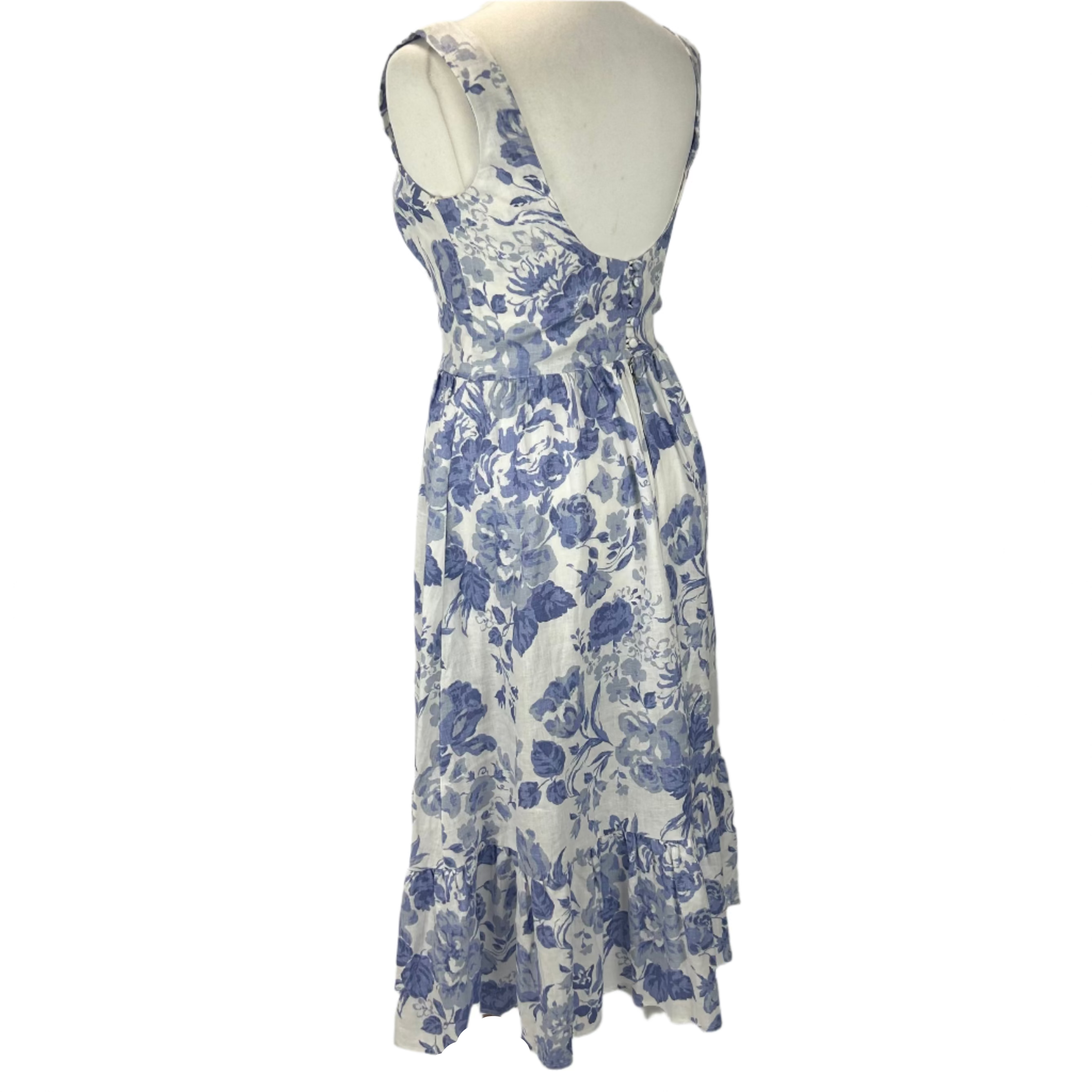 Reformation New China Blue Floral Bucatini Linen Dress S