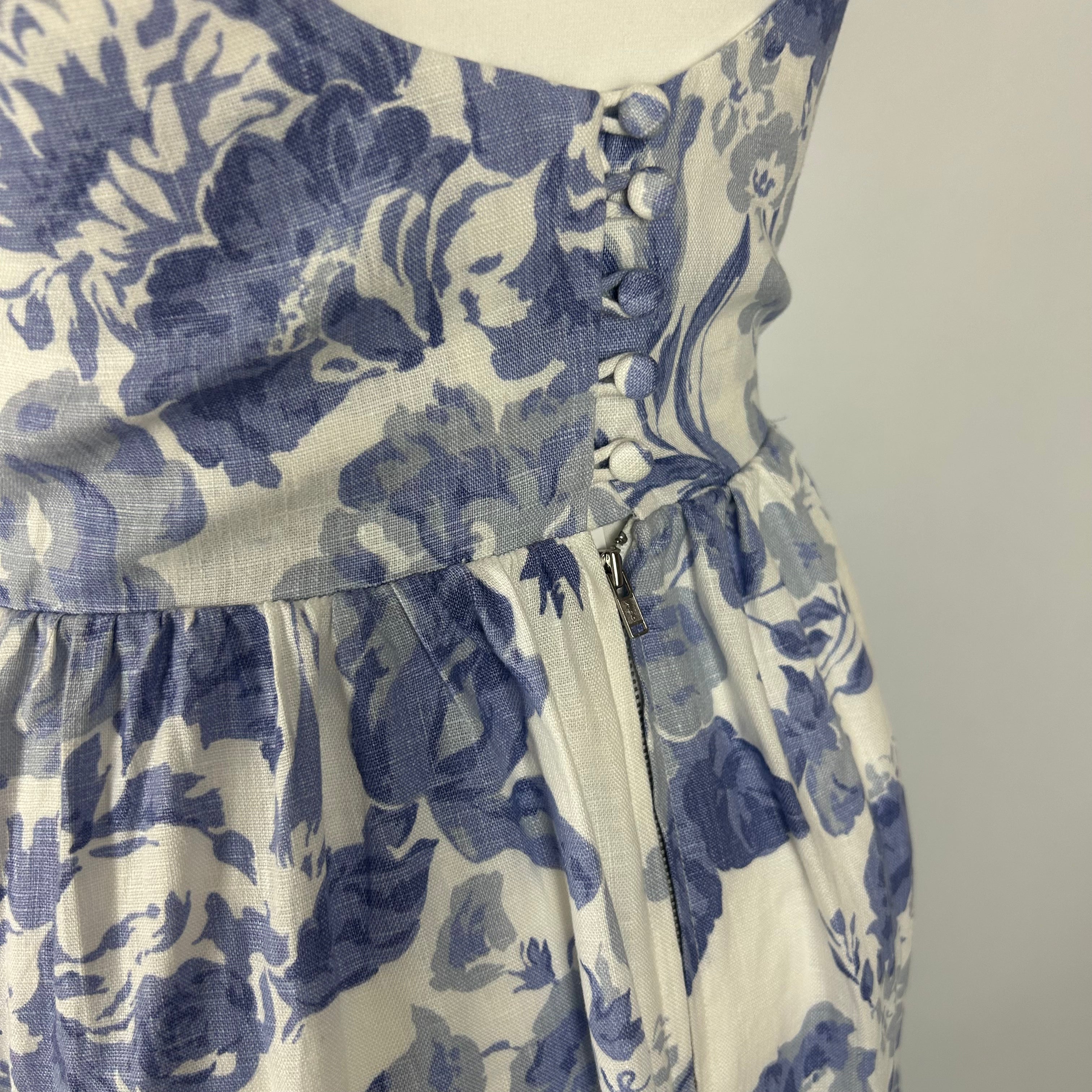 Reformation New China Blue Floral Bucatini Linen Dress S