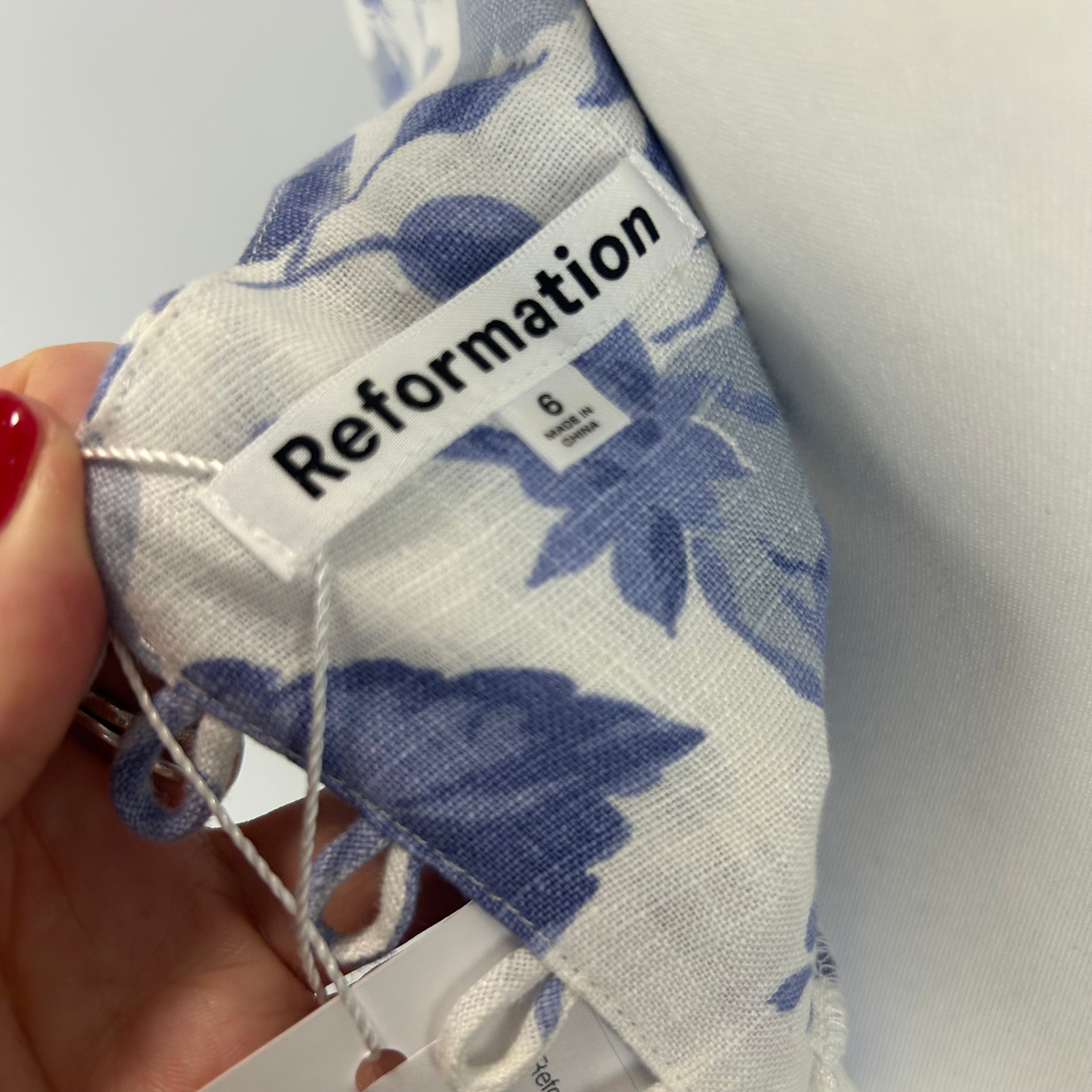 Reformation New China Blue Floral Bucatini Linen Dress S