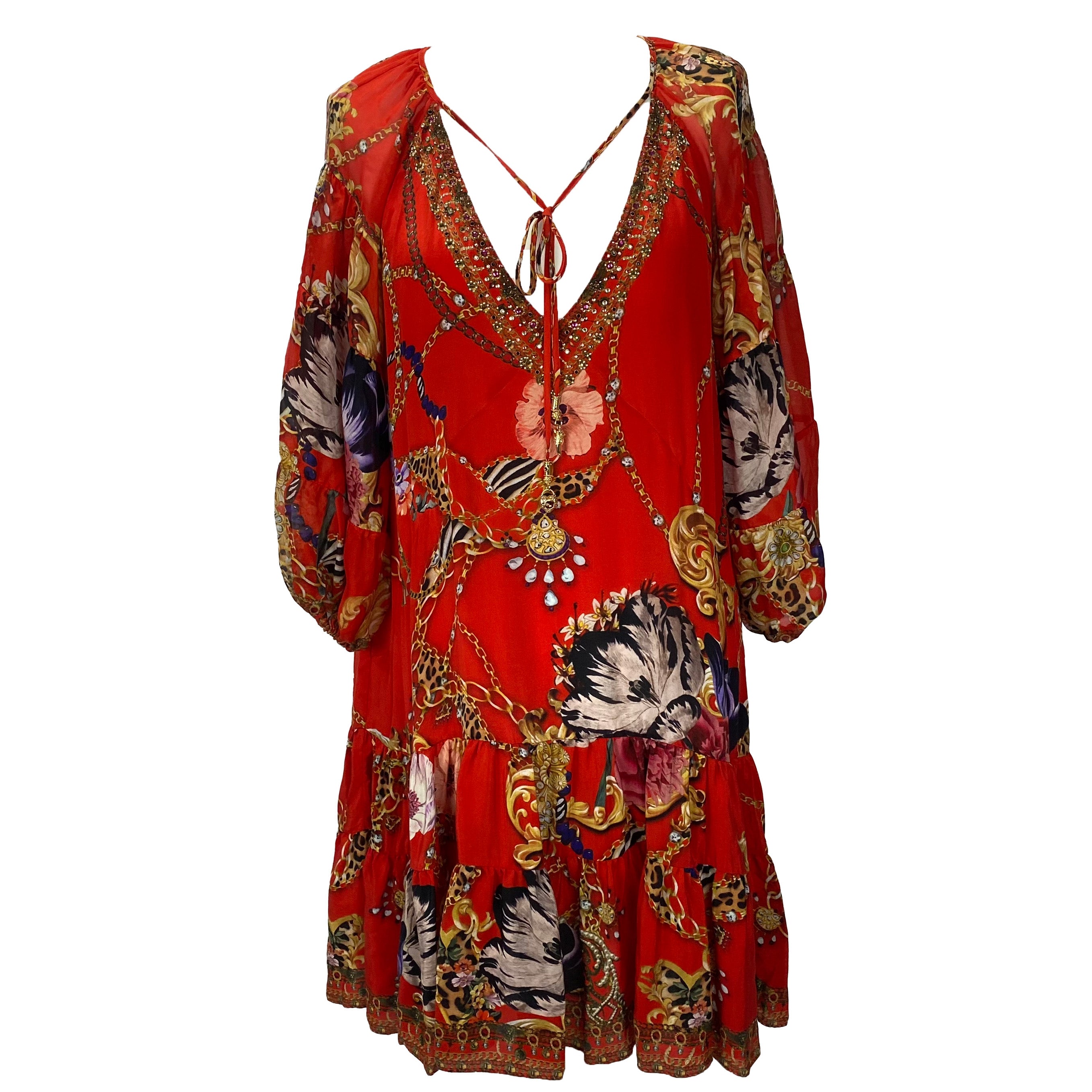 Camilla £650 Red Jewel Leo Print Silk Midi Dress L