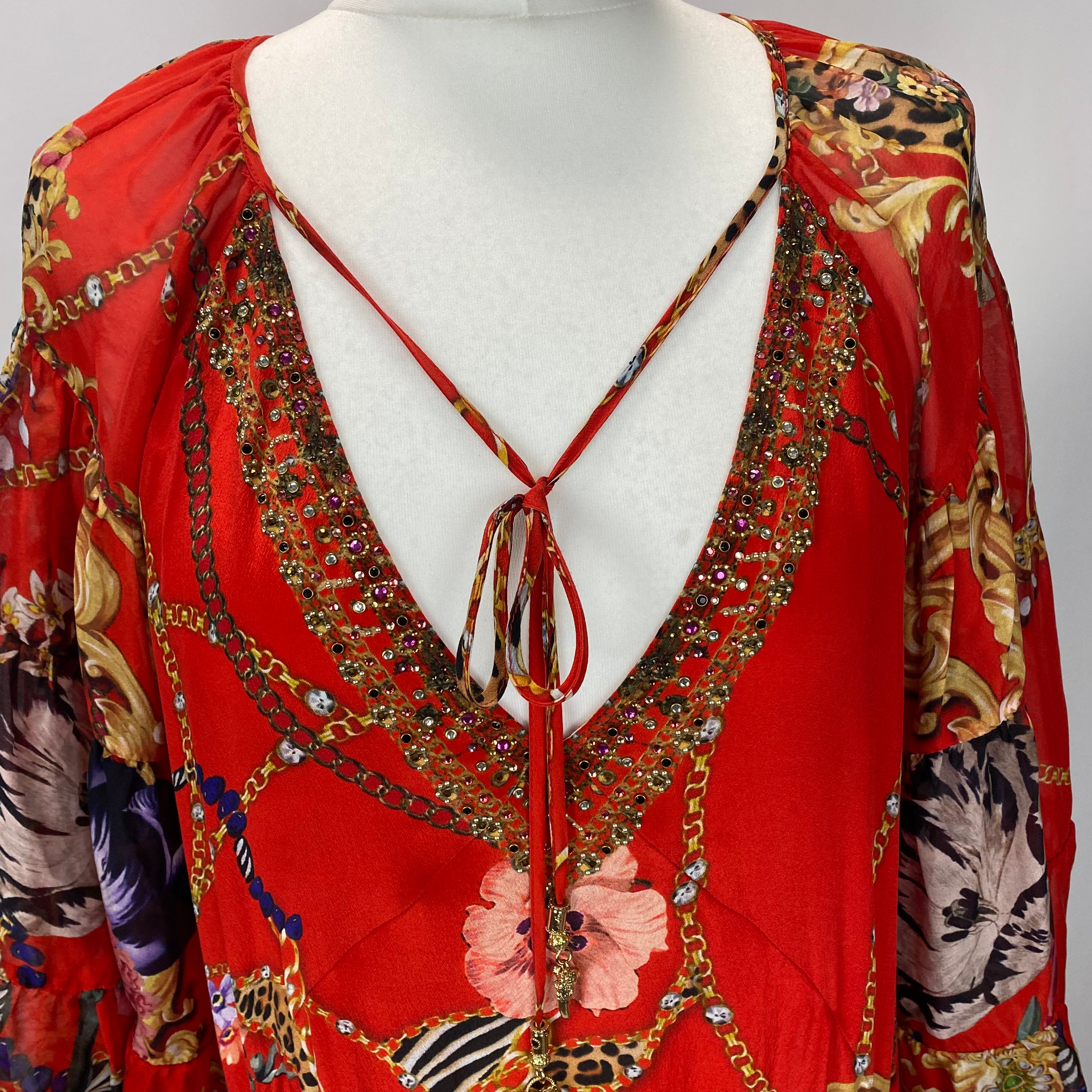 Camilla £650 Red Jewel Leo Print Silk Midi Dress L