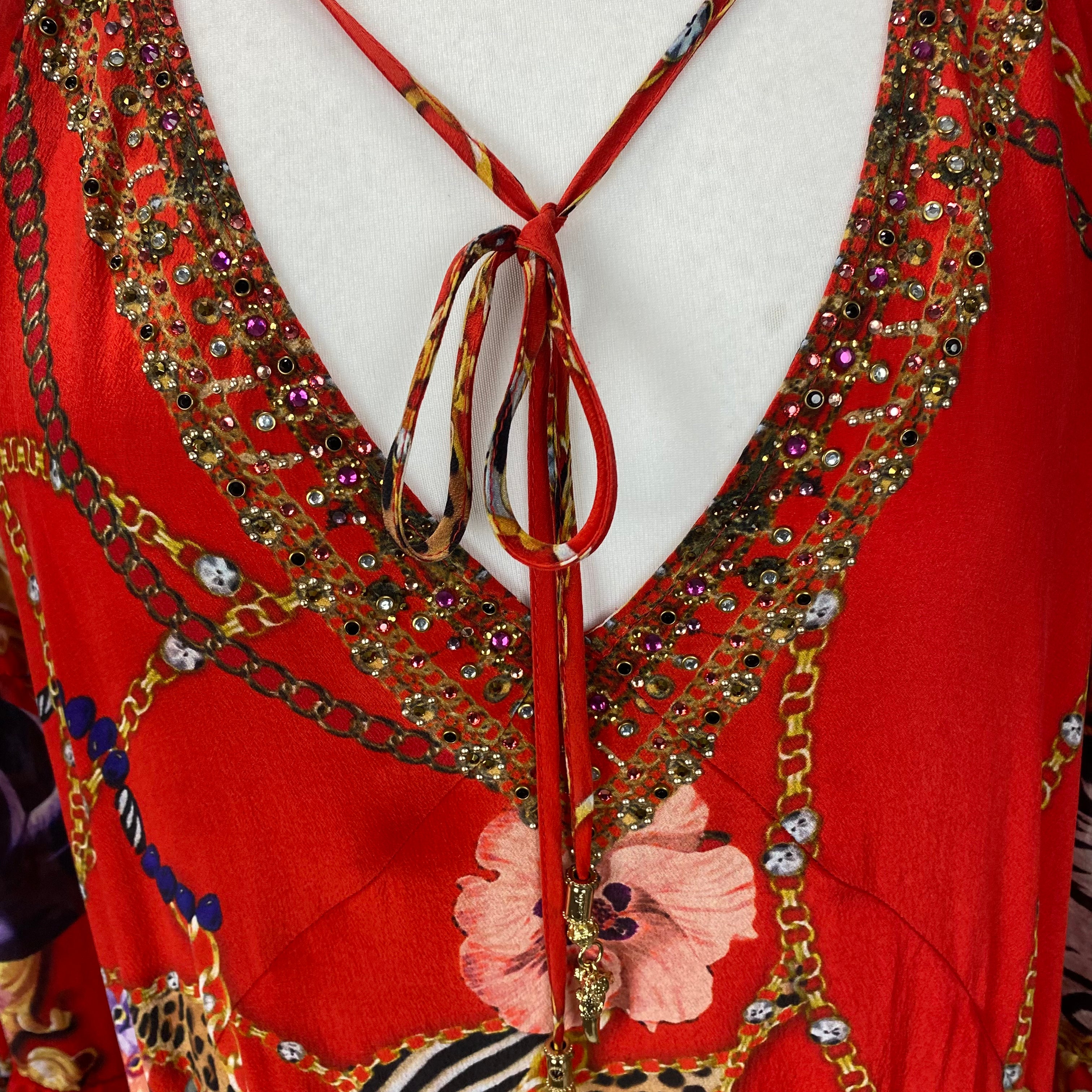 Camilla £650 Red Jewel Leo Print Silk Midi Dress L