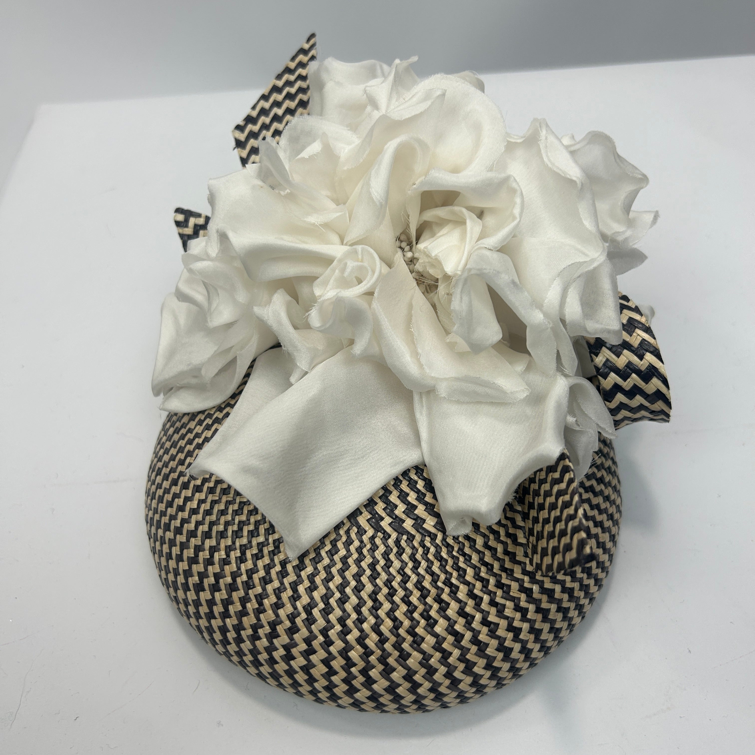 Jess Collett £1200 Black & Natural Basketweave Silk Ruffle Hat