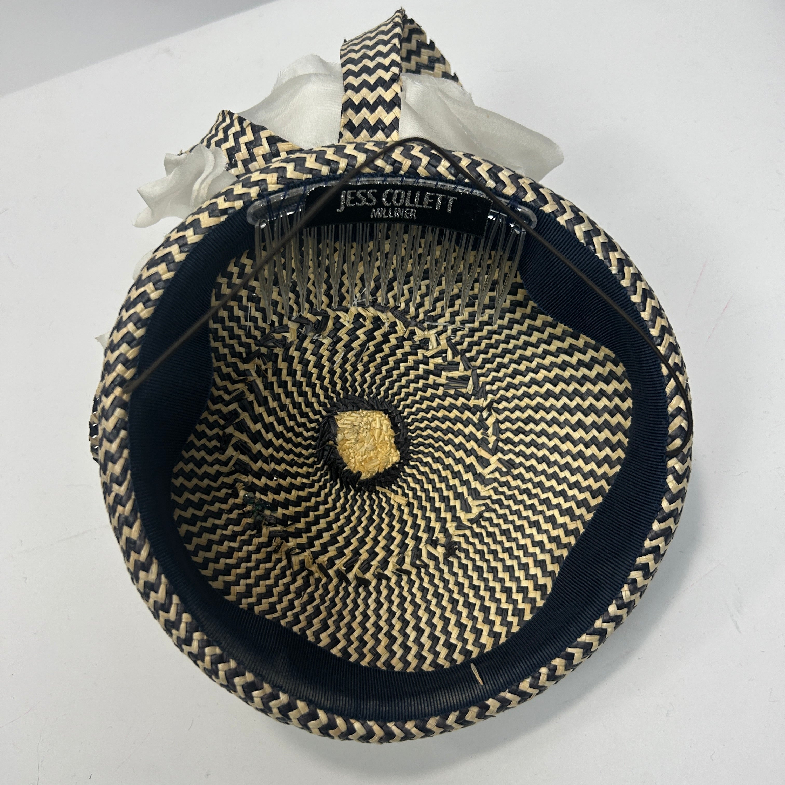 Jess Collett £1200 Black & Natural Basketweave Silk Ruffle Hat