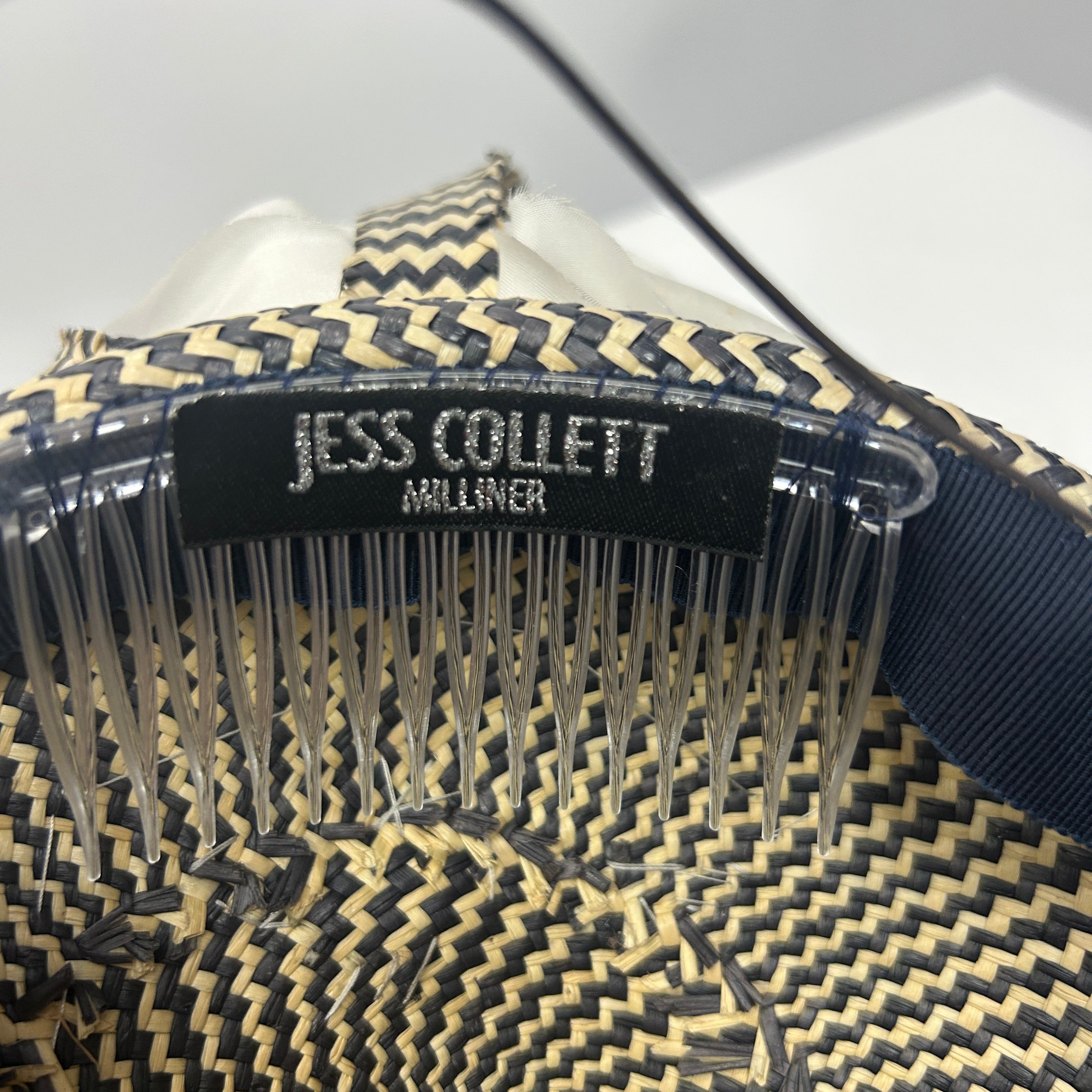 Jess Collett £1200 Black & Natural Basketweave Silk Ruffle Hat