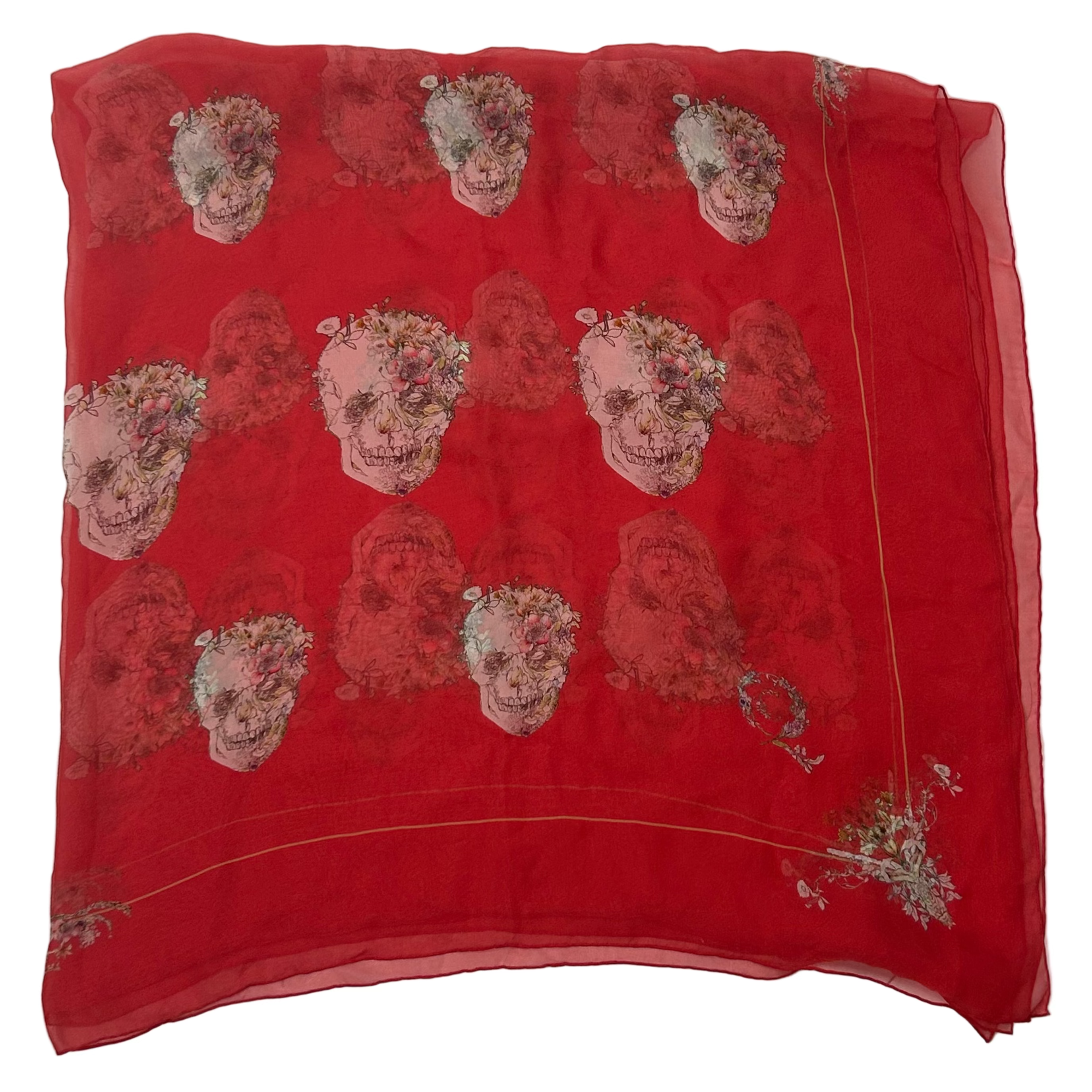 Alexander McQueen Scarlet Floral Skull Silk Chiffon Scarf