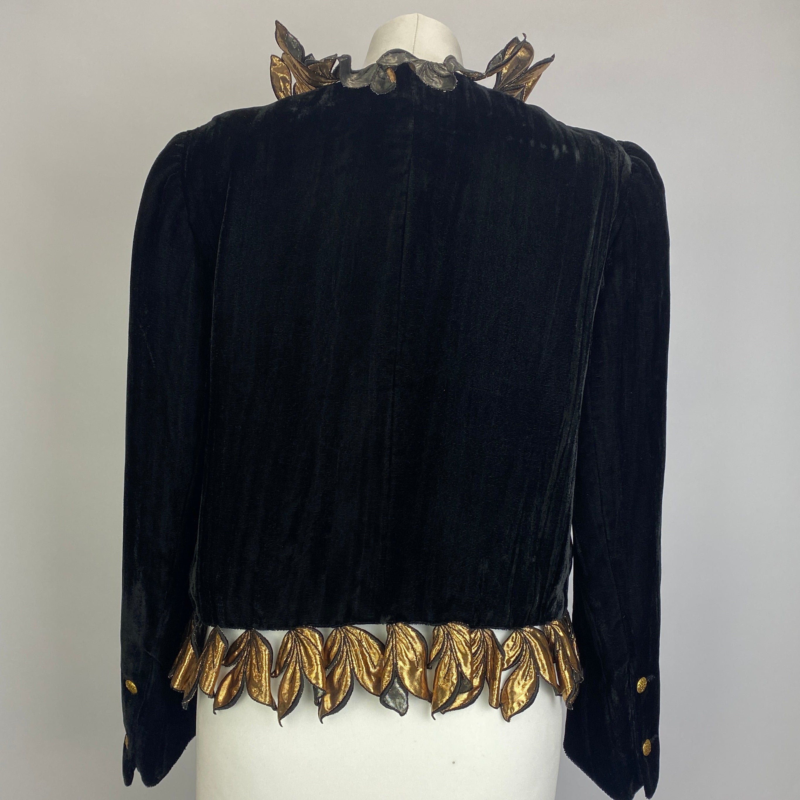 Chanel Vintage Black Velvet Gold Petal Trim Bolero Jacket S/M